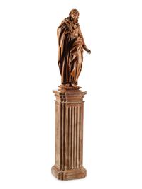 A Continental Carved Wood Figure of a Saint with an Associated Pedestal