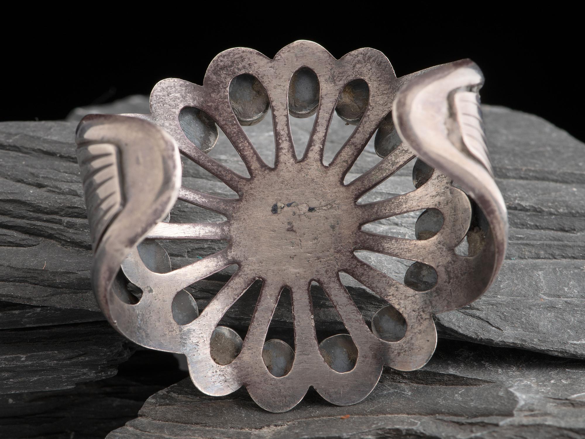 Navajo Sandcast Sterling Silver and Turquoise Cluster Cuff Bracelet