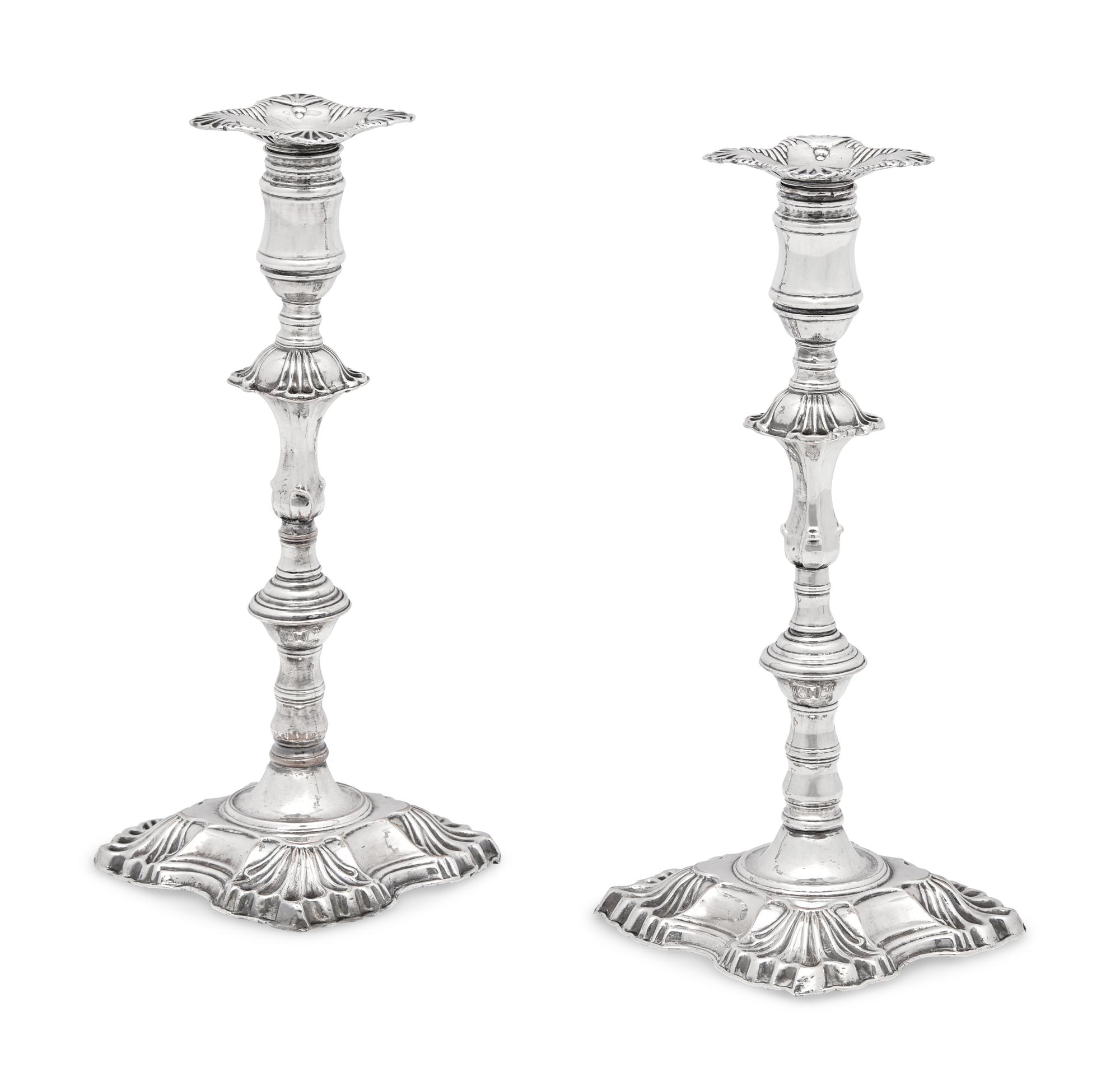 A Pair of George III Weighted Sheffield Plate Candlesticks, Late 18th Century