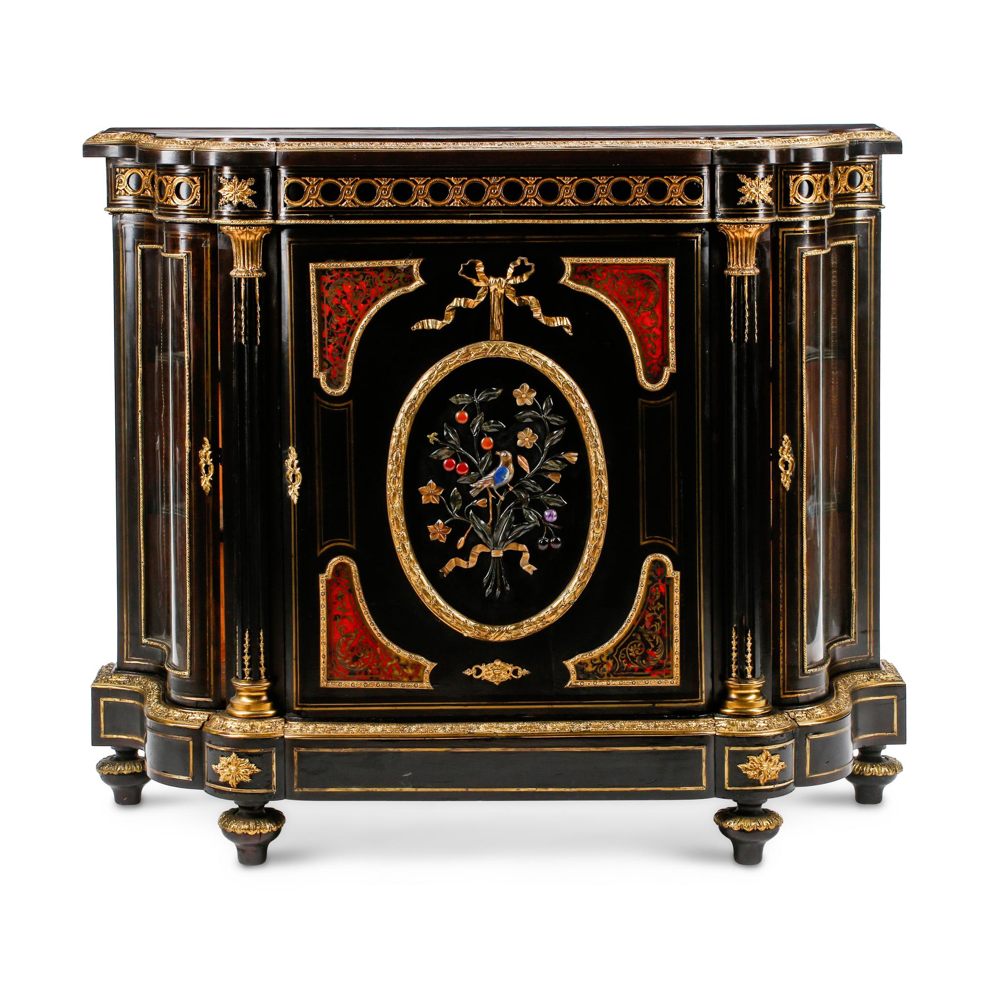 A French Ebonized, Cut Brass Inlaid and Hardstone-Inset Cabinet