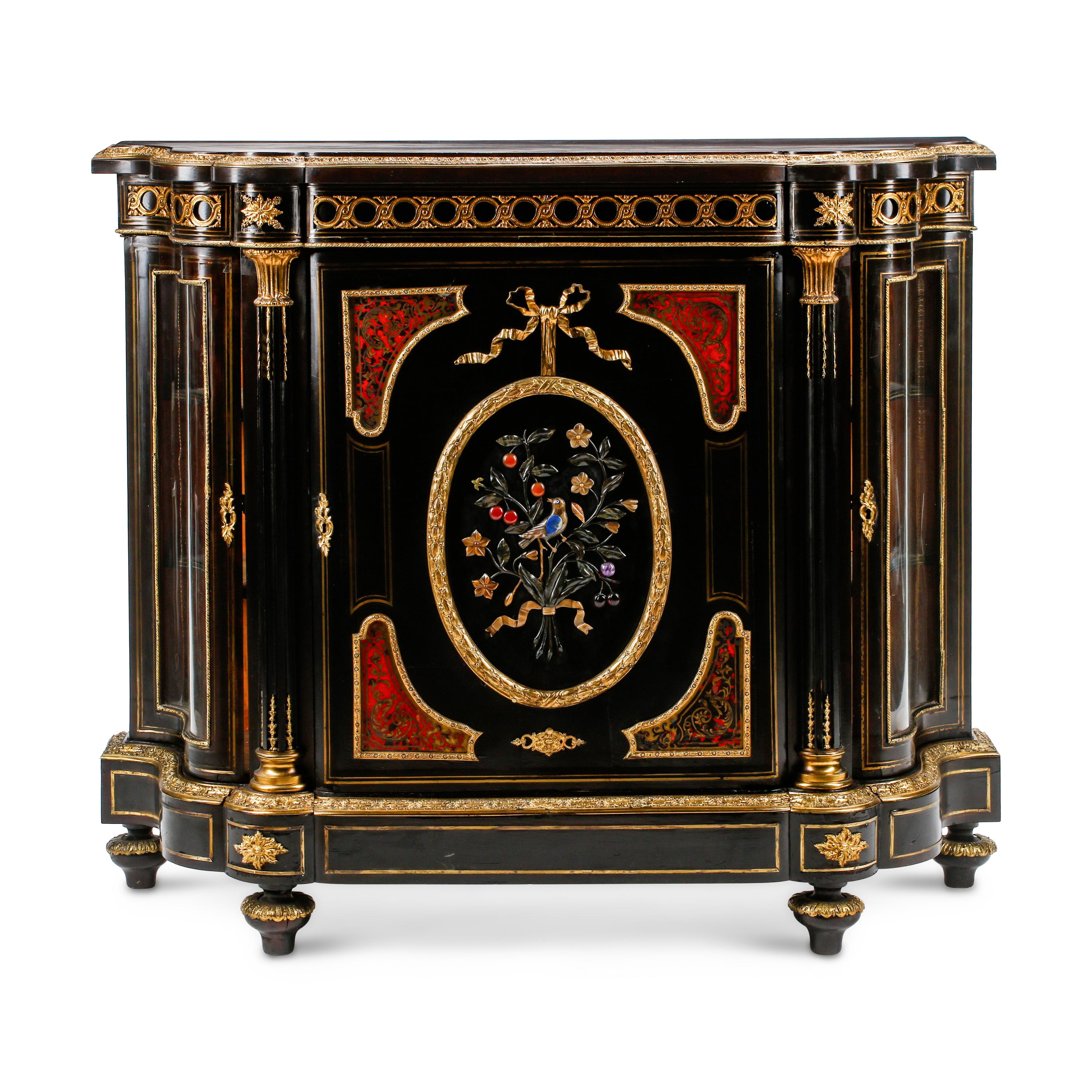 A French Ebonized, Cut Brass Inlaid and Hardstone-Inset Cabinet