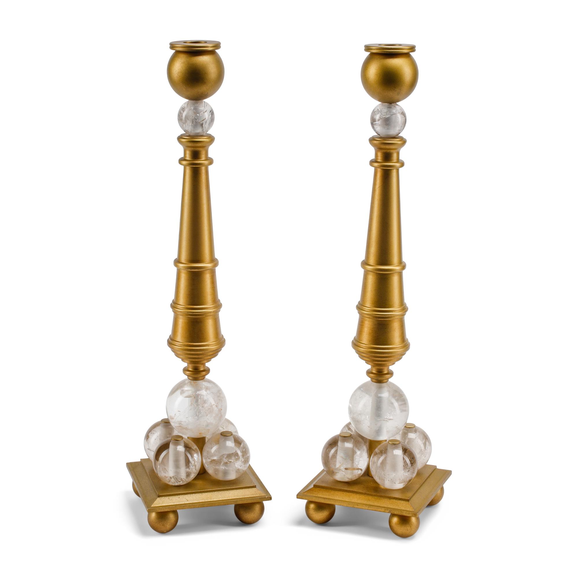 A Pair of Gilt Bronze and Rock Crystal Cannon-Motif Candlesticks