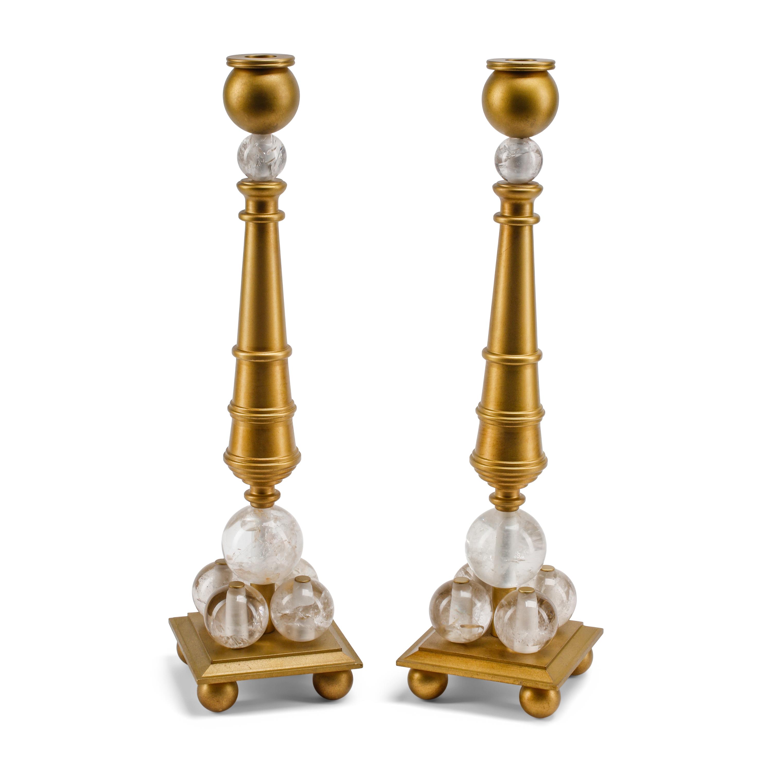 A Pair of Gilt Bronze and Rock Crystal Cannon-Motif Candlesticks