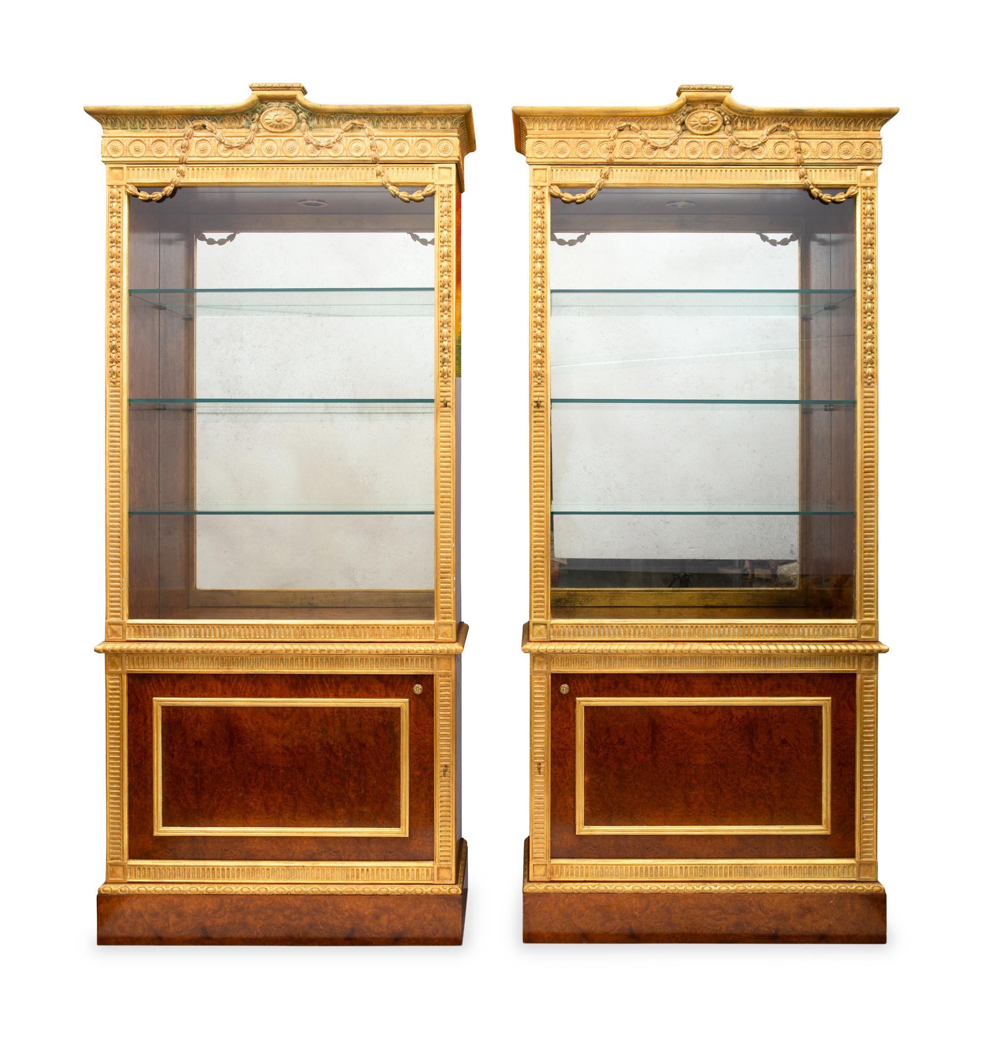 A Pair of Louis XVI Style Parcel-Gilt Burl Walnut Vitrine Cabinets