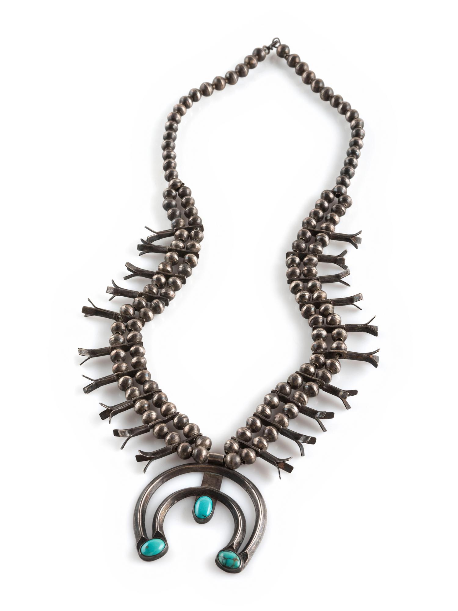Navajo Petite Silver and Turquoise Squash Blossom Necklace