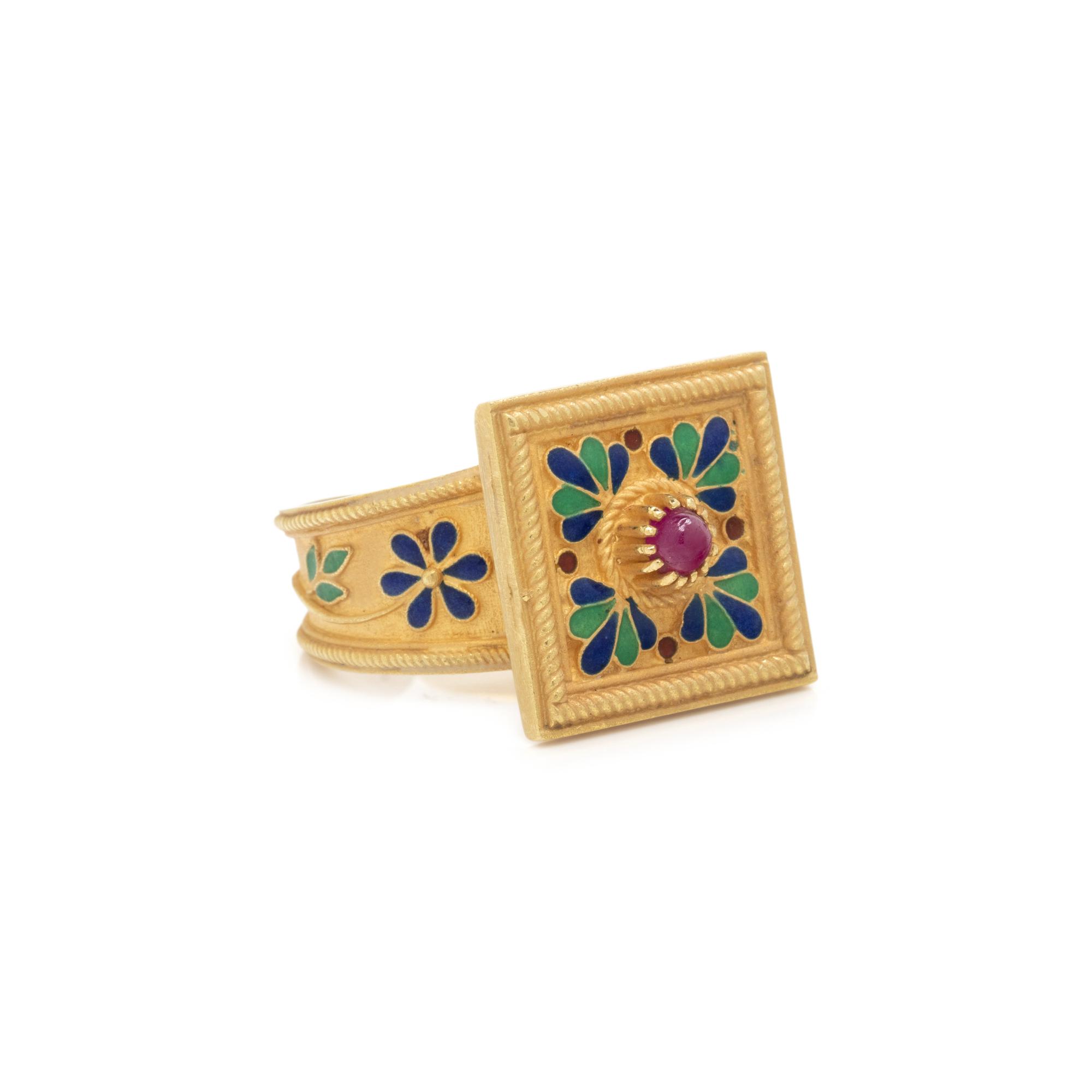 YELLOW GOLD, RUBY, AND ENAMEL RING