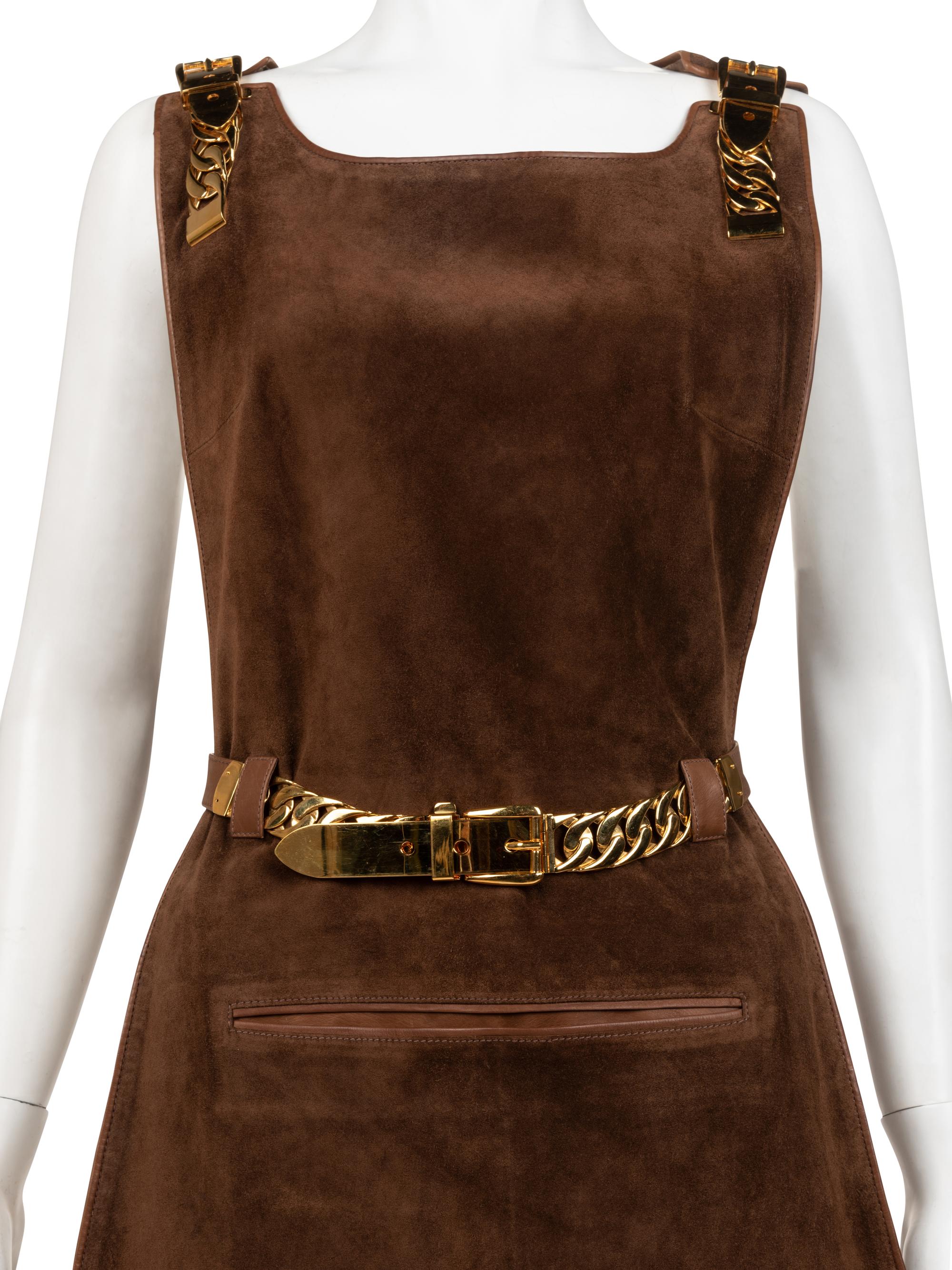 Gucci Brown Suede Belted Tunic with Chain Hardware, 1970s