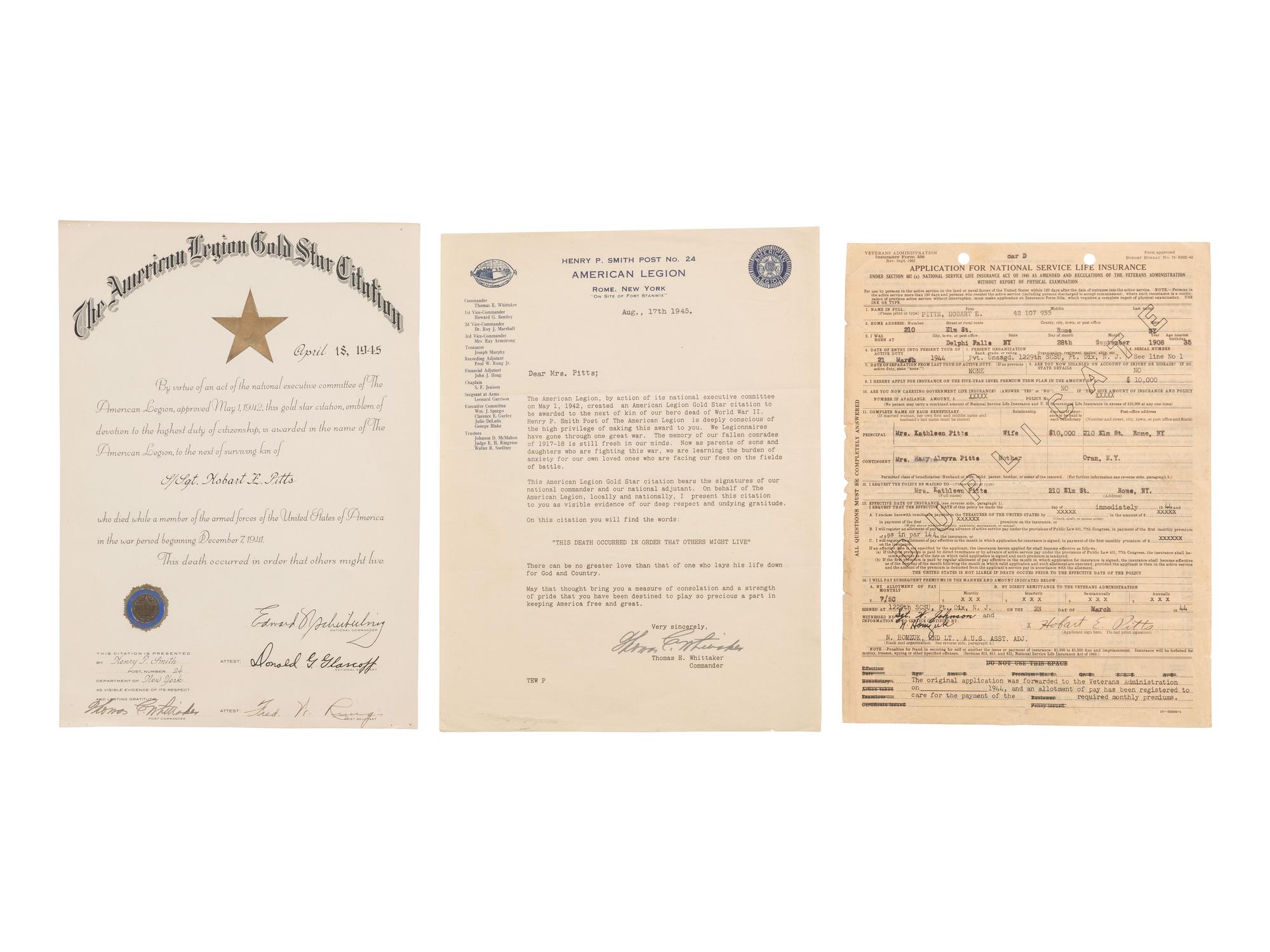 [WORLD WAR II]. Archive of Sgt. Hobart Pitts 41st Armored Infantry Regt. 2nd Armored Division, KIA.
