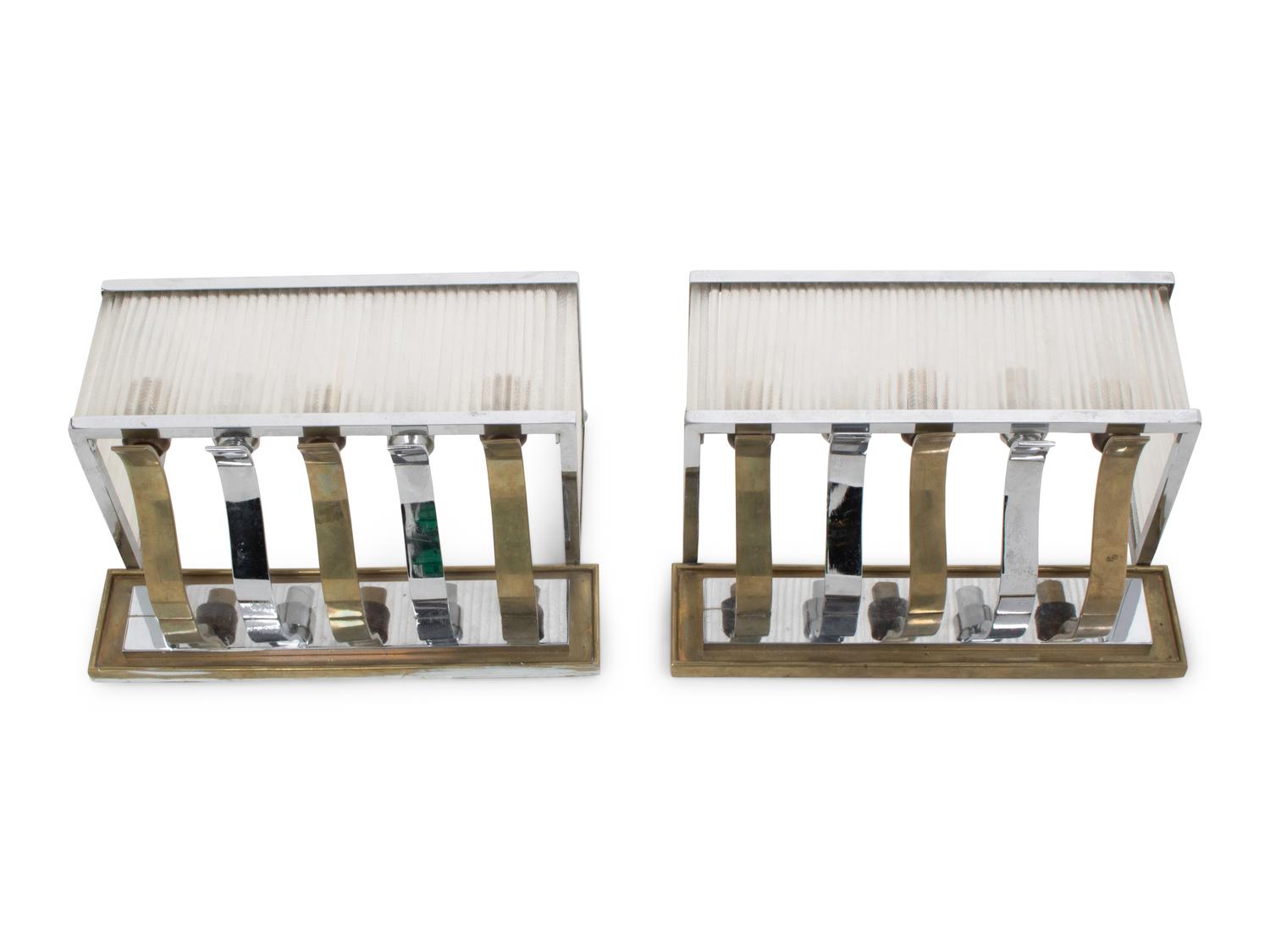 A Pair of French Chrome, Brass and Glass Five-Light Sconces