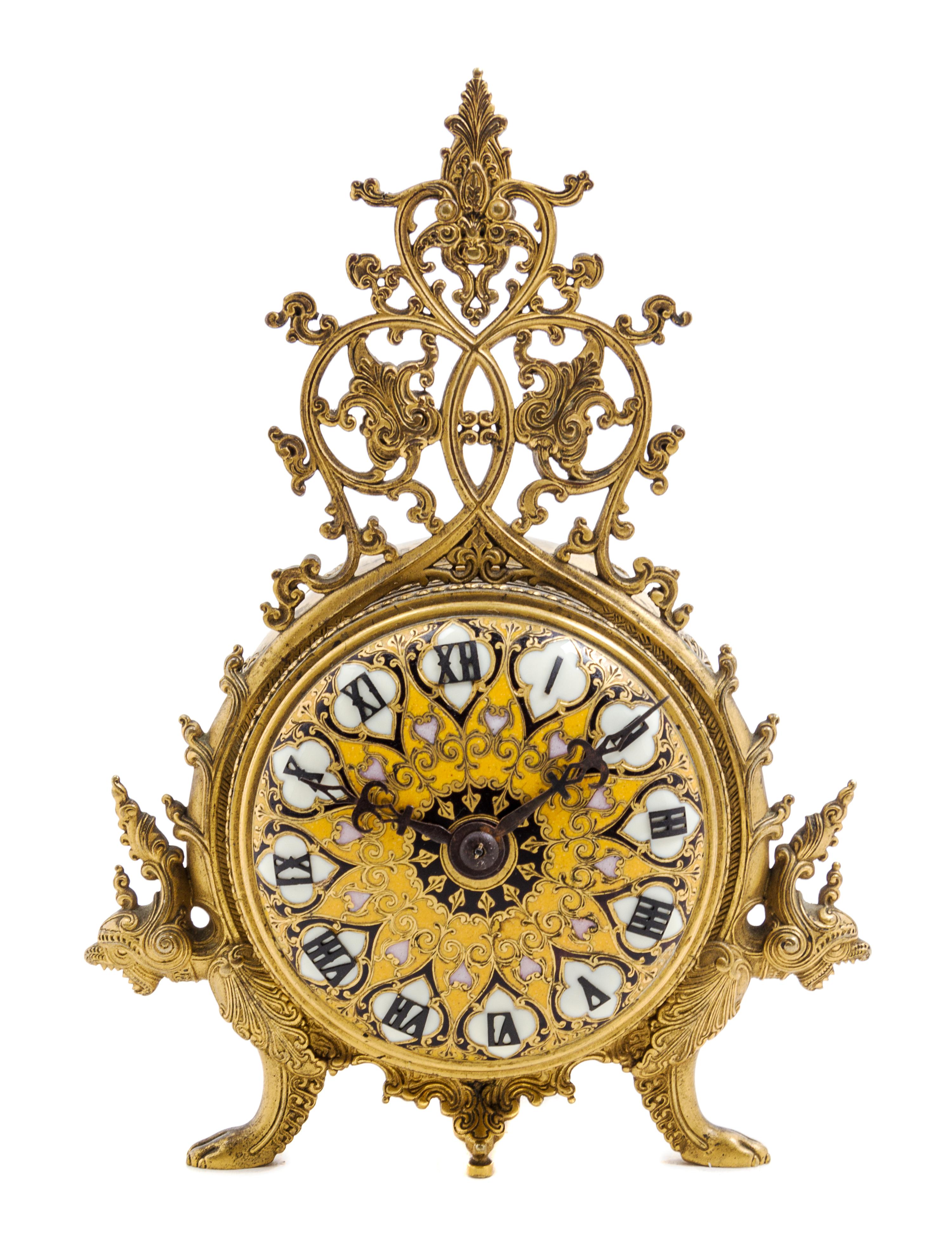 A French Gilt Bronze and Enamel Clock Height 7 1/4 inches. — BARBEDIENNE, LATE 19TH CENTURY