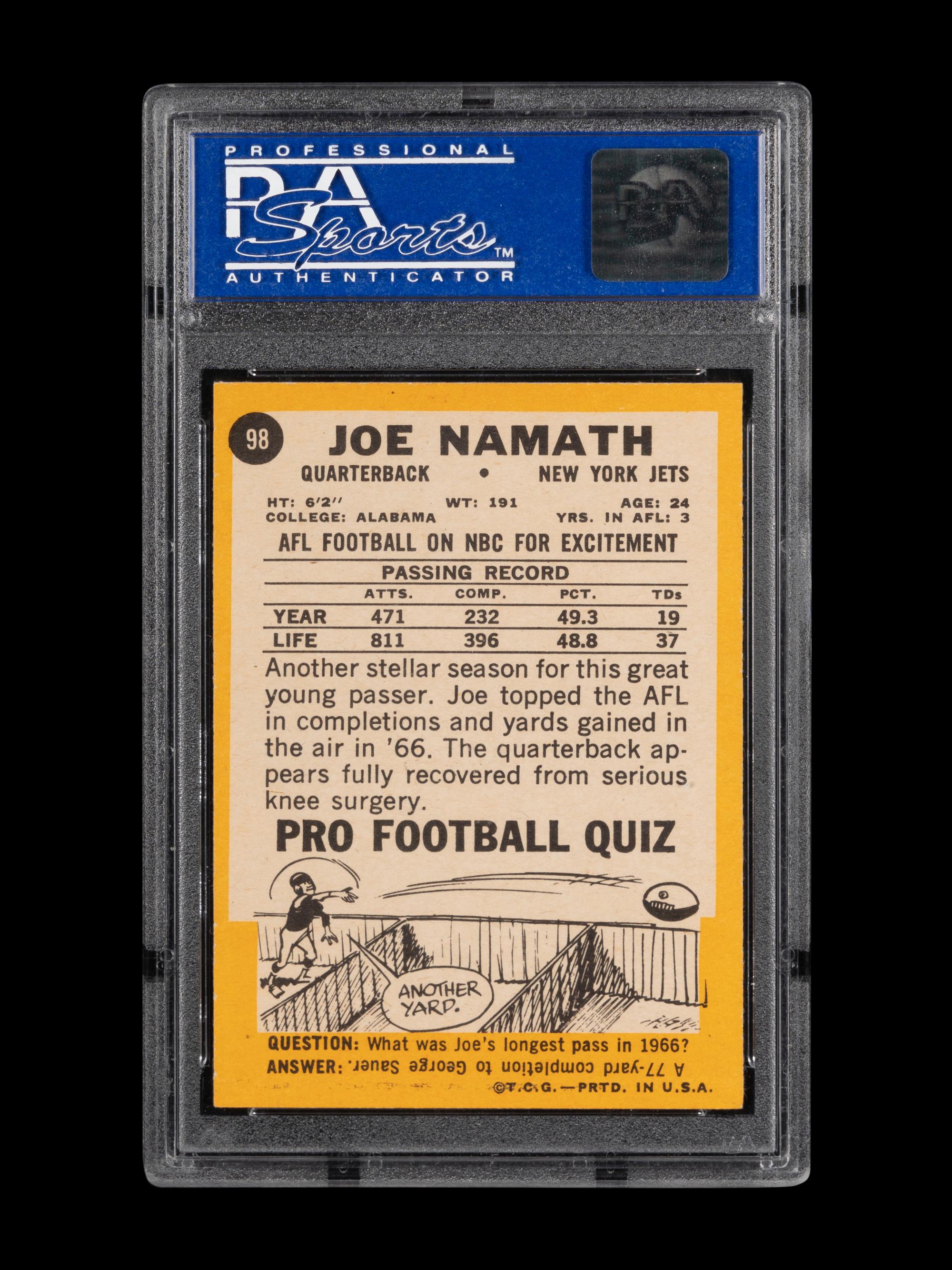 A 1967 Topps Joe Namath Football Card No. 98 (PSA 8 NM-MT)