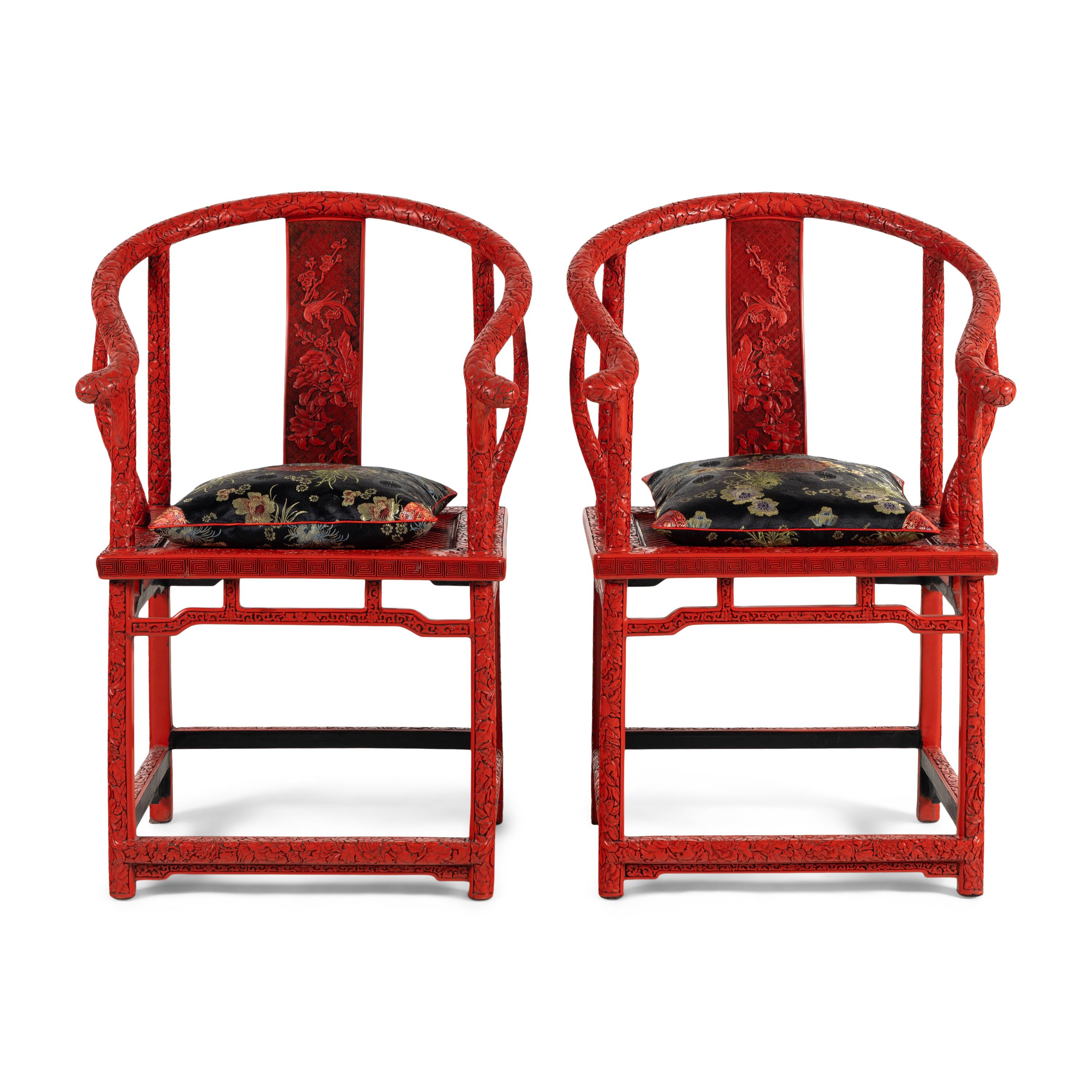 A Pair of Chinese Cinnabar Lacquer Horseshoe-Back Armchairs, Quanyi, 20th Century 近代 滿工剔紅花鳥圖圈椅一對