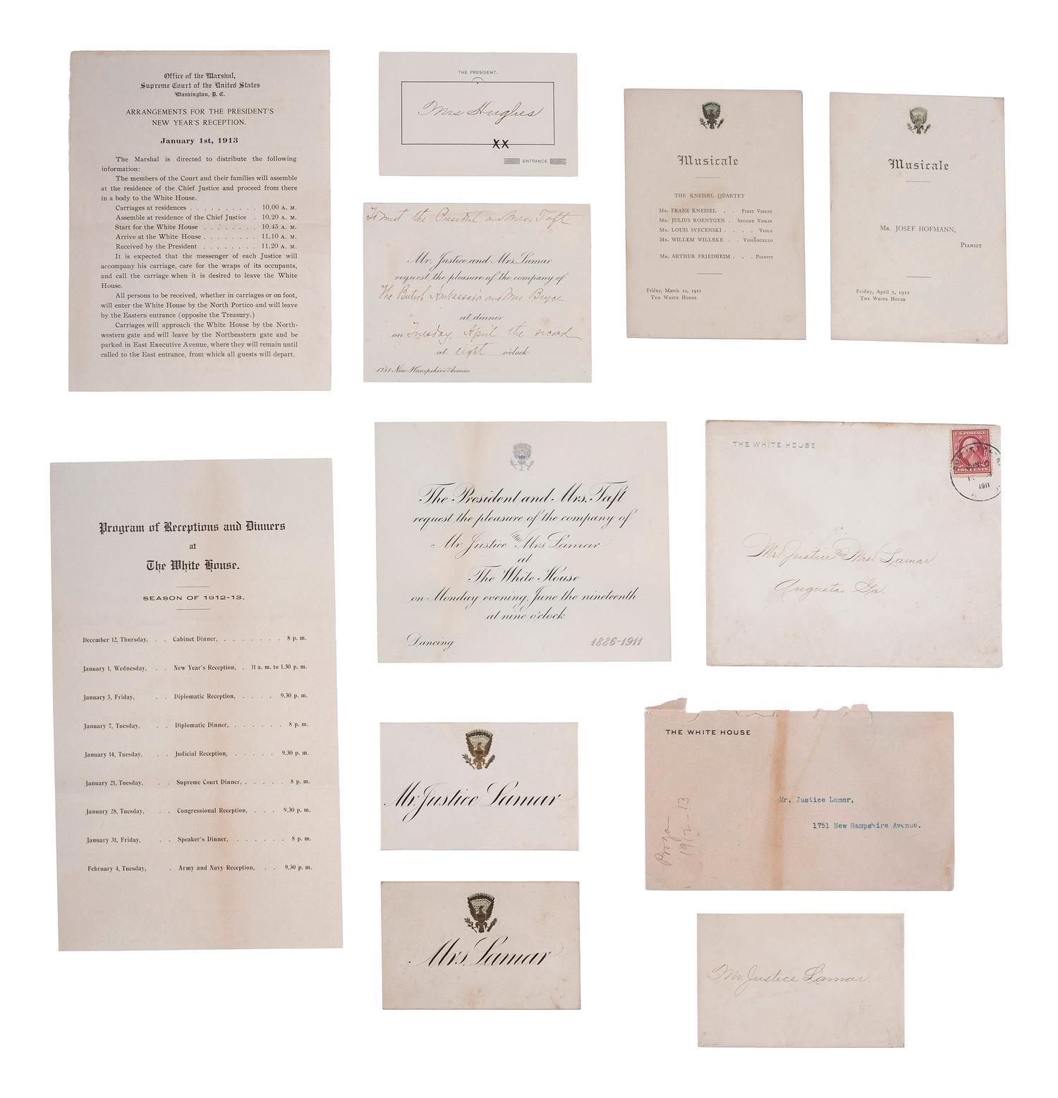 [SUPREME COURT]. Invitation, program, cards and other ephemera from a reception held for Justice Joseph LAMAR by President Howard TAFT.