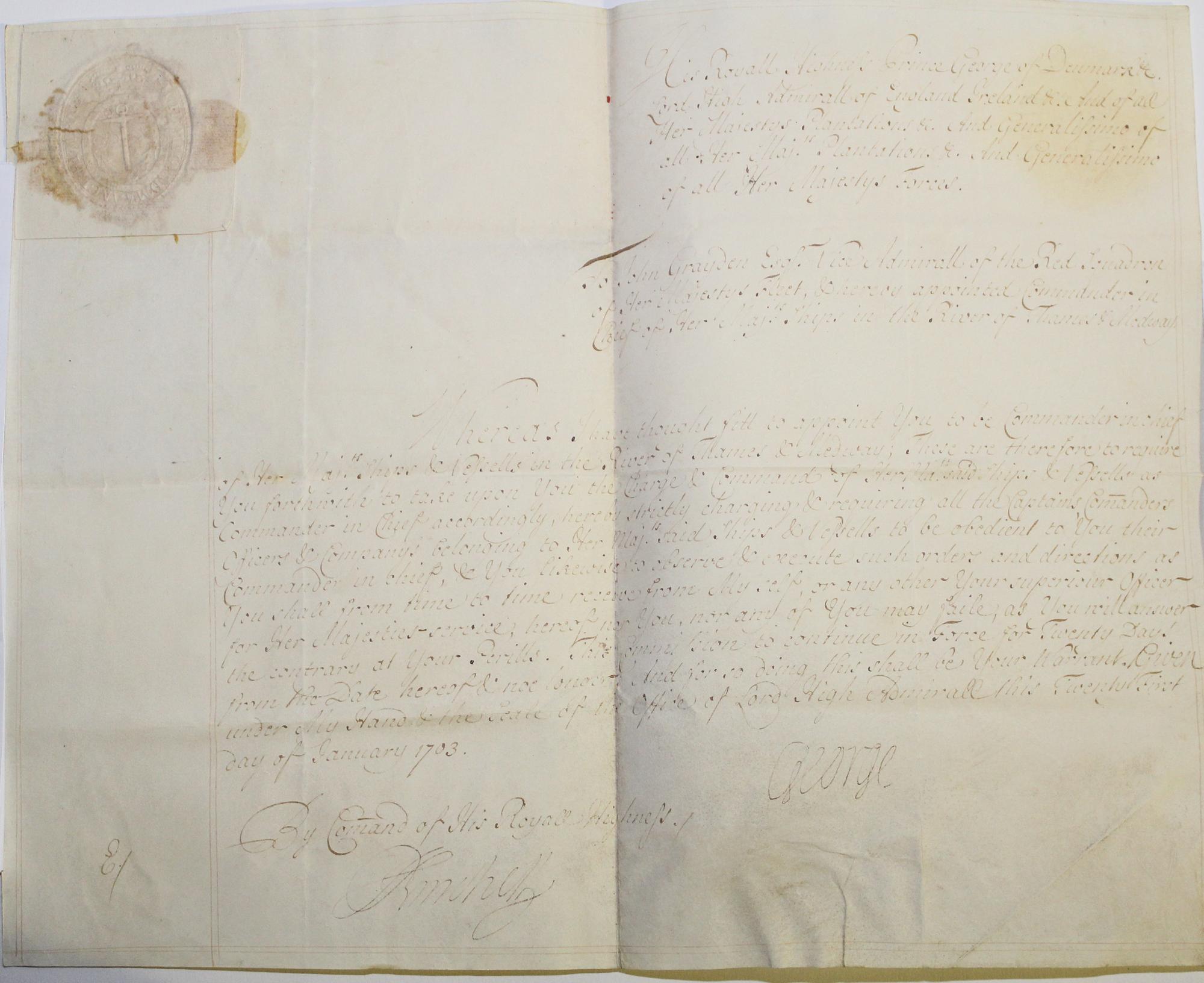(GEORGE, PRINCE OF DENMARK) Autographed document signed. One page on velum with embossed deal. Dated January 21, 1703.