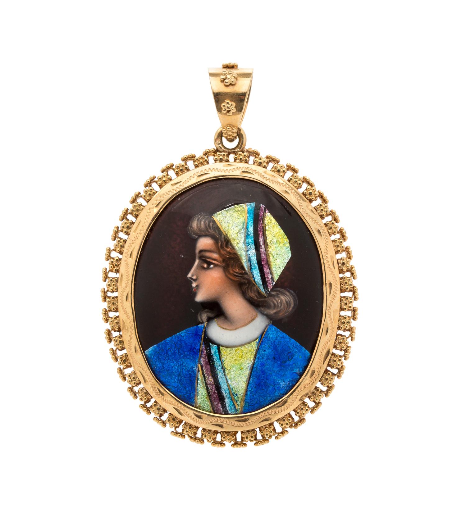A Yellow Gold and Polychrome Enamel Portrait Pendant, 10.50 dwts.