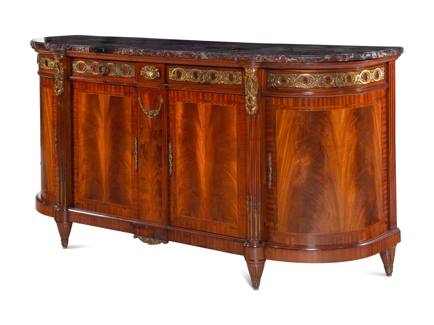 A Louis XVI Style Gilt Bronze Mounted Mahogany Marble-Top Console Cabinet