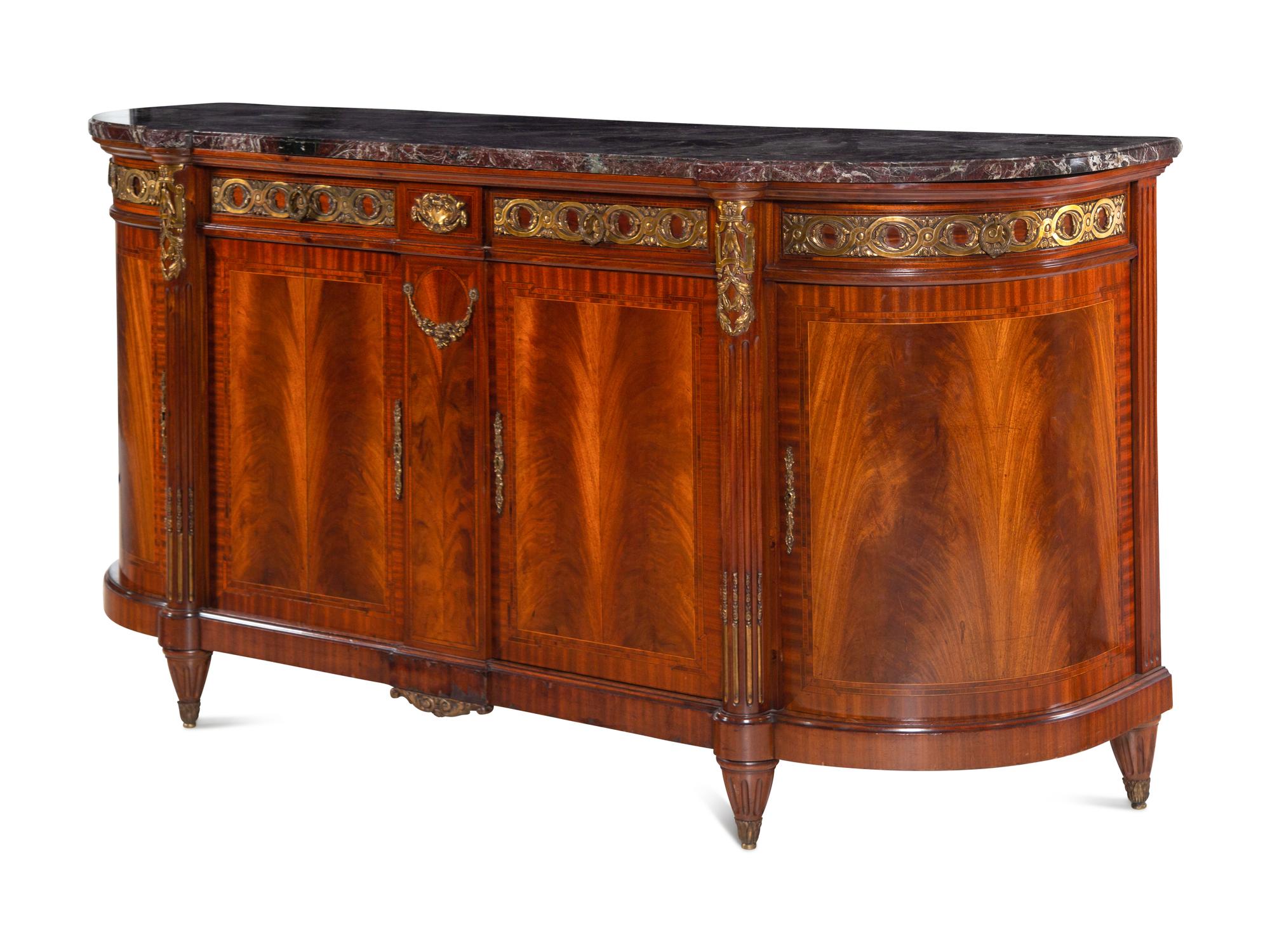A Louis XVI Style Gilt Bronze Mounted Mahogany Marble-Top Console Cabinet