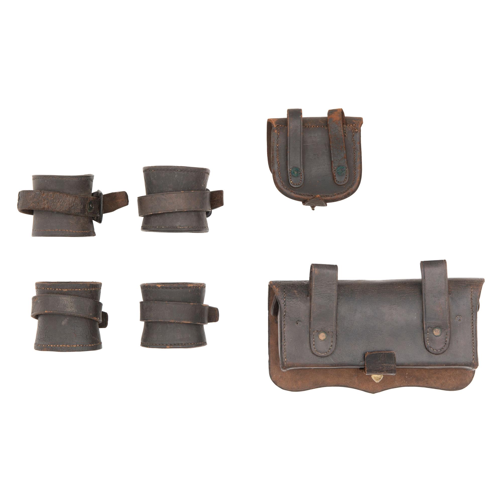 Group of US Civil War Accoutrements: Carbine Cartridge Box, 2 Cap Pouches and 2 Carbine Sockets