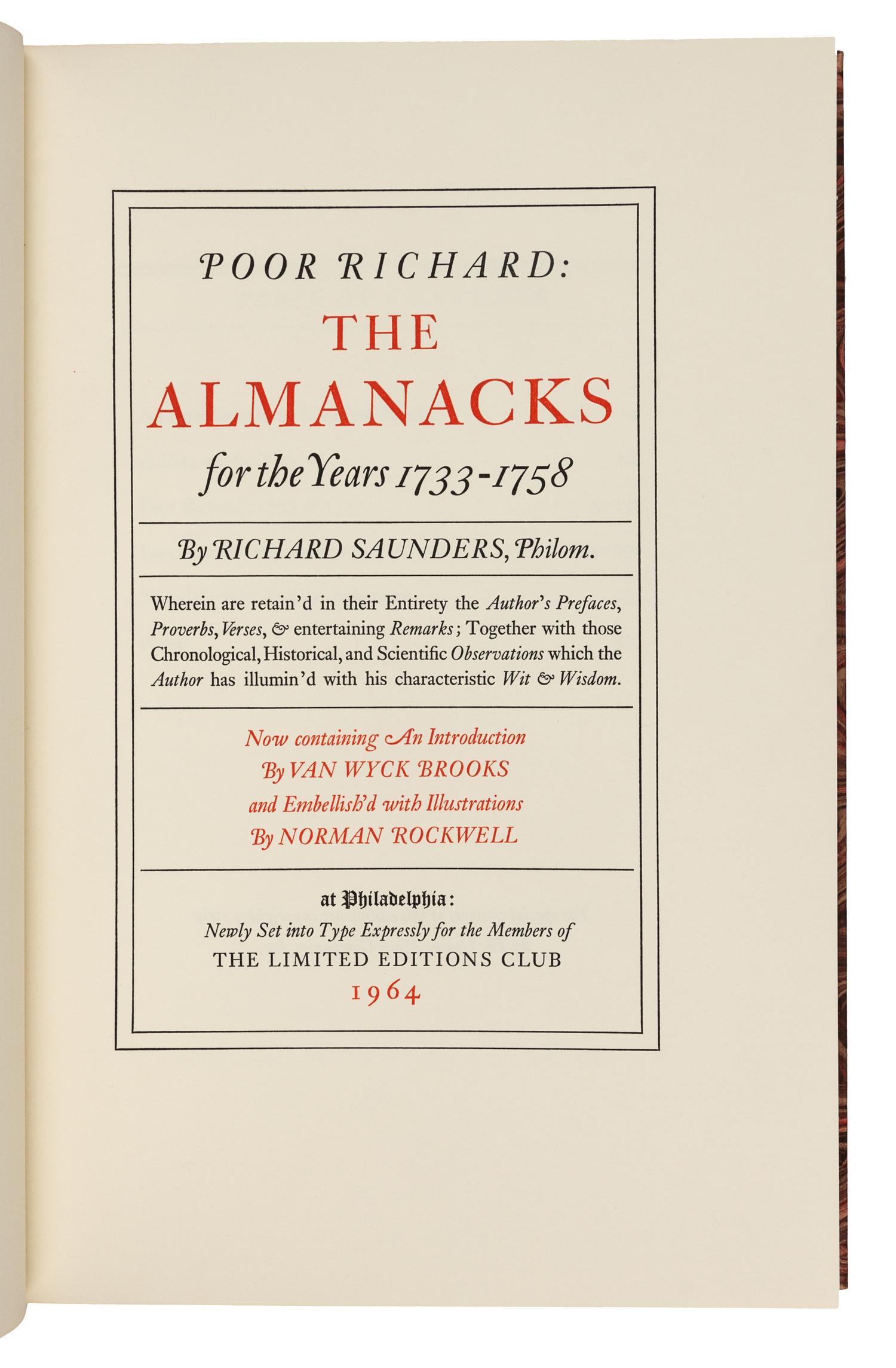 [LIMITED EDITIONS CLUB]. FRANKLIN, Benjamin (1706-1790). Poor Richard: The Almanacks for the Years 1733-1758. Philadelphia: The Limited Editions Club, 1964.