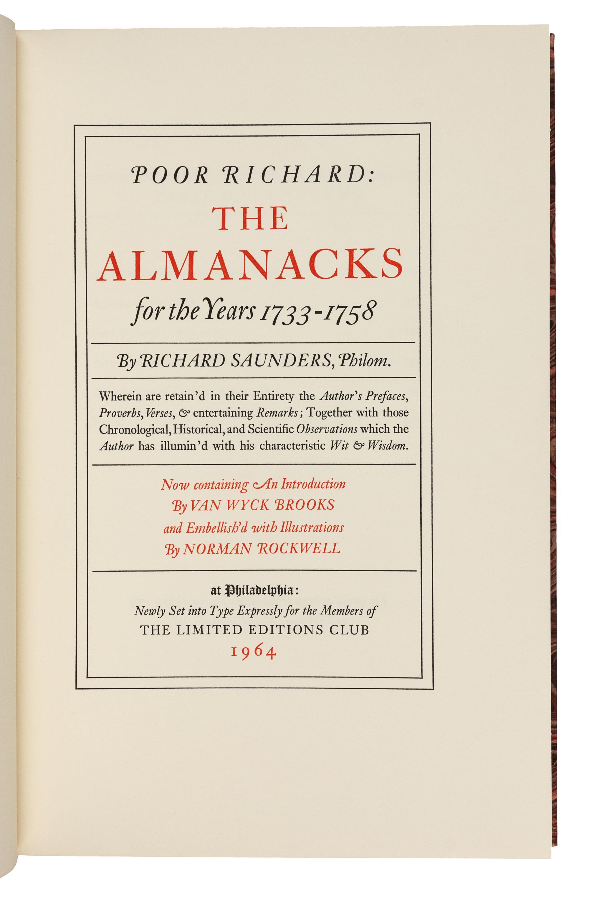 [LIMITED EDITIONS CLUB]. FRANKLIN, Benjamin (1706-1790). Poor Richard: The Almanacks for the Years 1733-1758. Philadelphia: The Limited Editions Club, 1964.