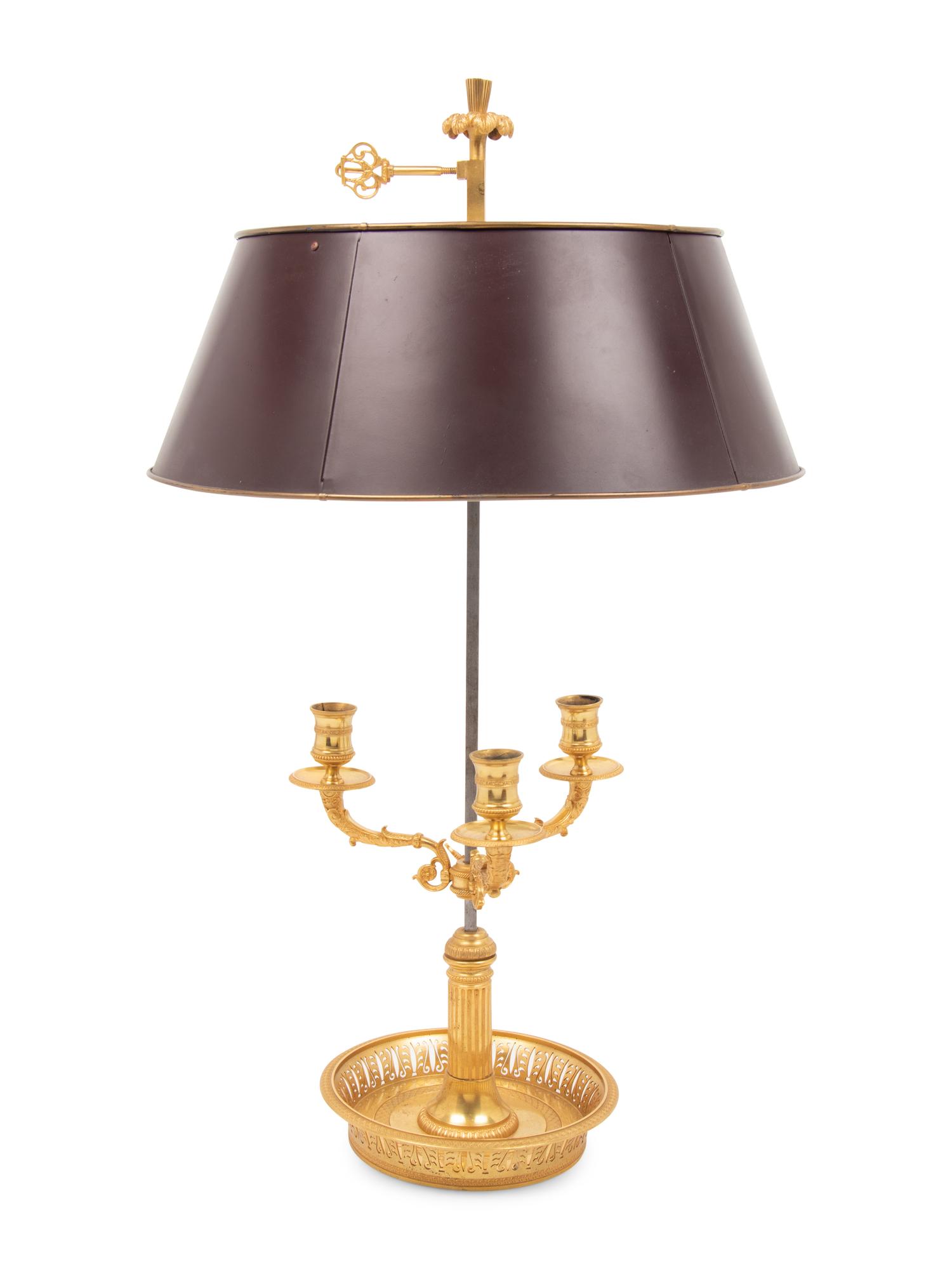 An Empire Style Gilt Metal Three-Light Bouillotte Lamp with a Tôle Shade