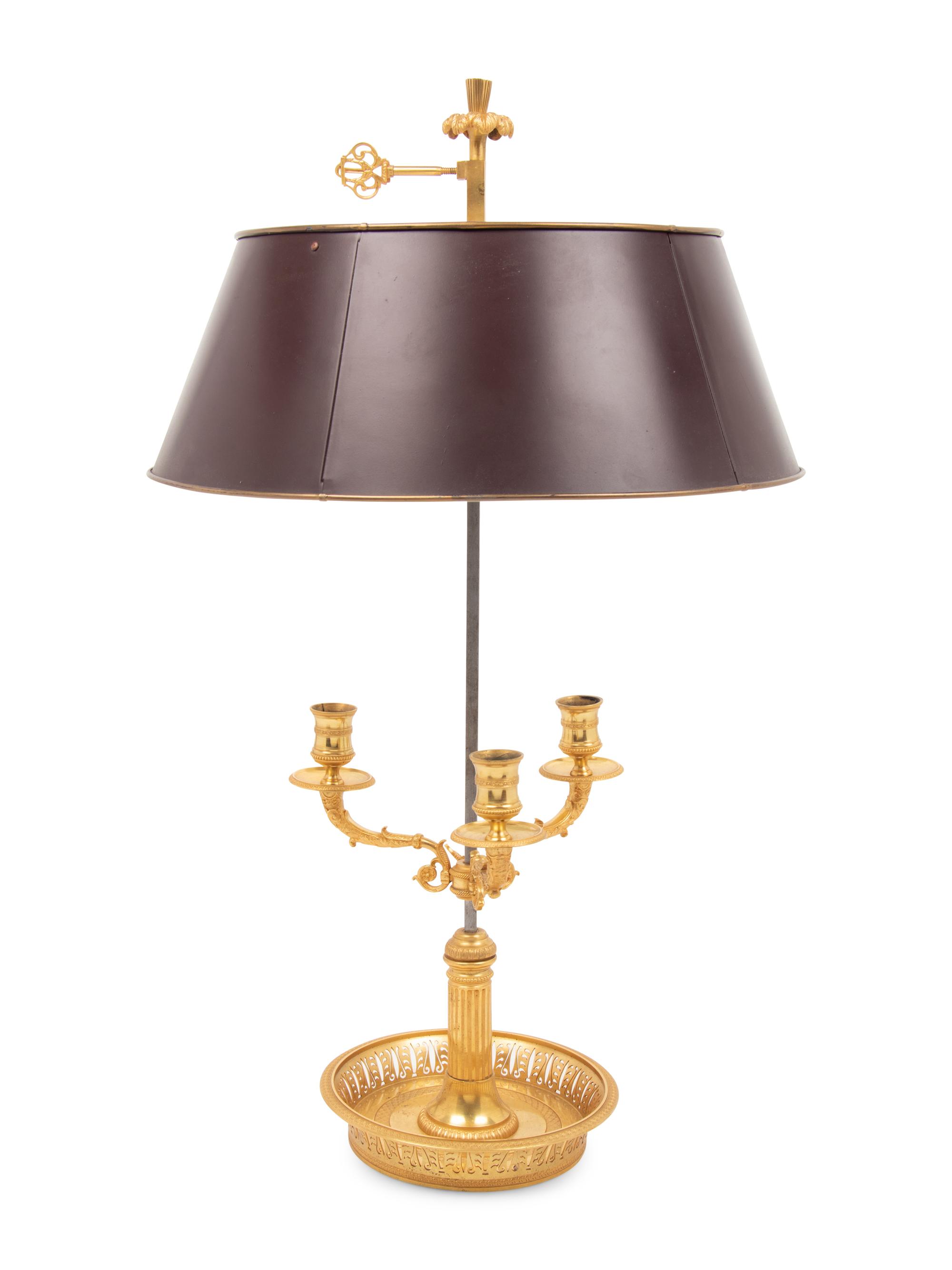 An Empire Style Gilt Metal Three-Light Bouillotte Lamp with a Tôle Shade