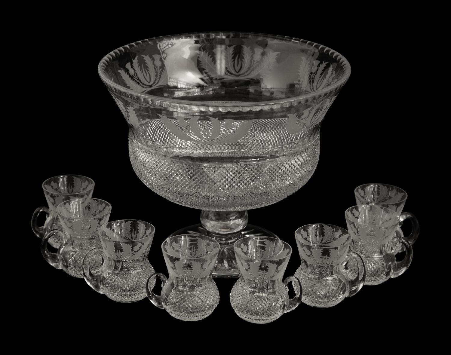 An Edinburgh Crystal Thistle Footed Punchbowl and Eight Punch Cups