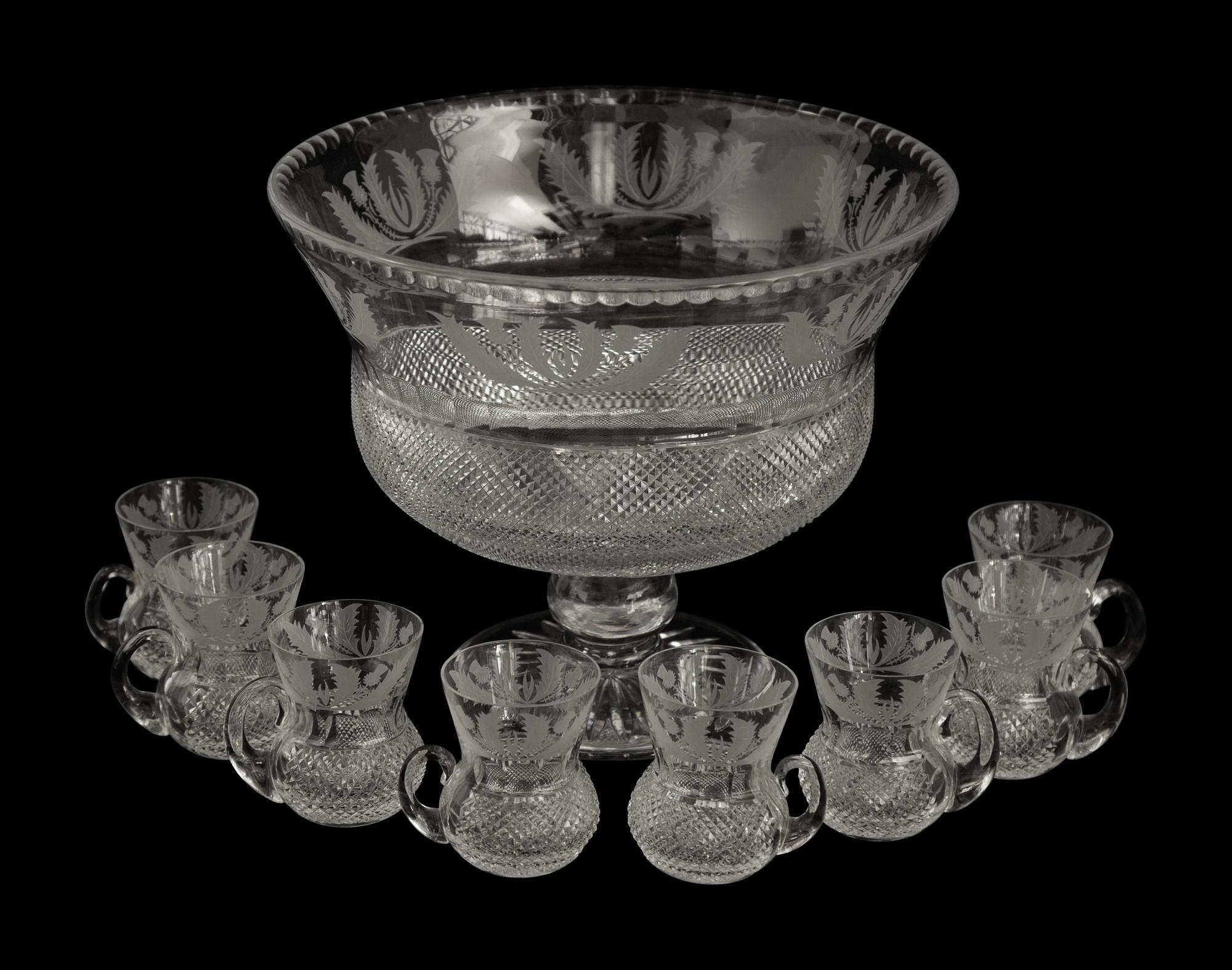 An Edinburgh Crystal Thistle Footed Punchbowl and Eight Punch Cups