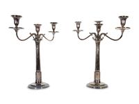 A Large Pair of Barker-Ellis Silver Plate Three-Light Candelabra