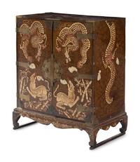 A Fine Korean Mother-of-Pearl, Shagreen, and Wire Inlaid Two-Door Chest, Joseon Period 李氏朝鮮 黑漆鑲螺鈿方角櫃