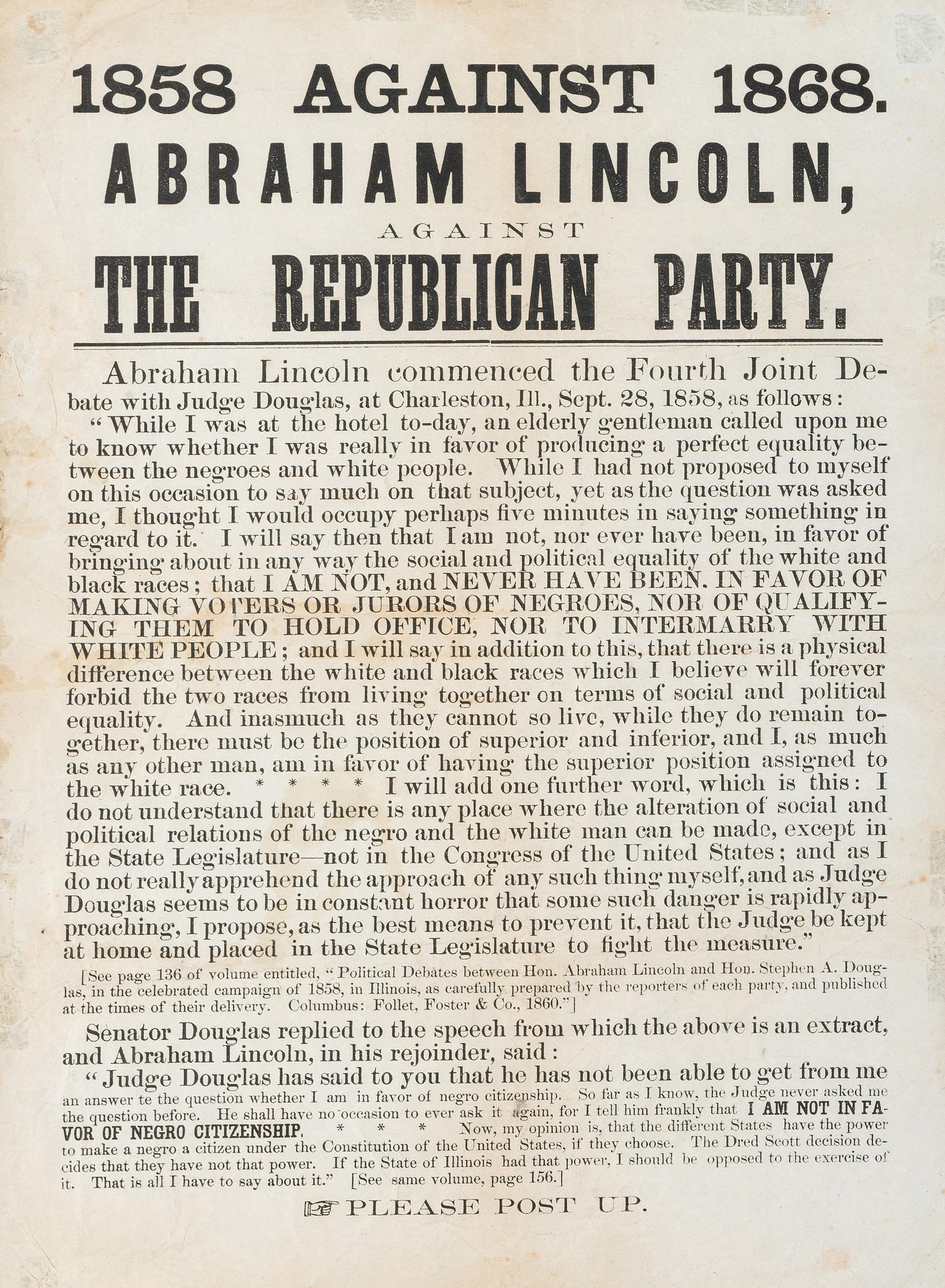 [POLITICS] -- [14TH AMENDMENT]. 1858 1868. Against Abraham Lincoln, Against the Republican Party. N.p.: N.p., [1868?].