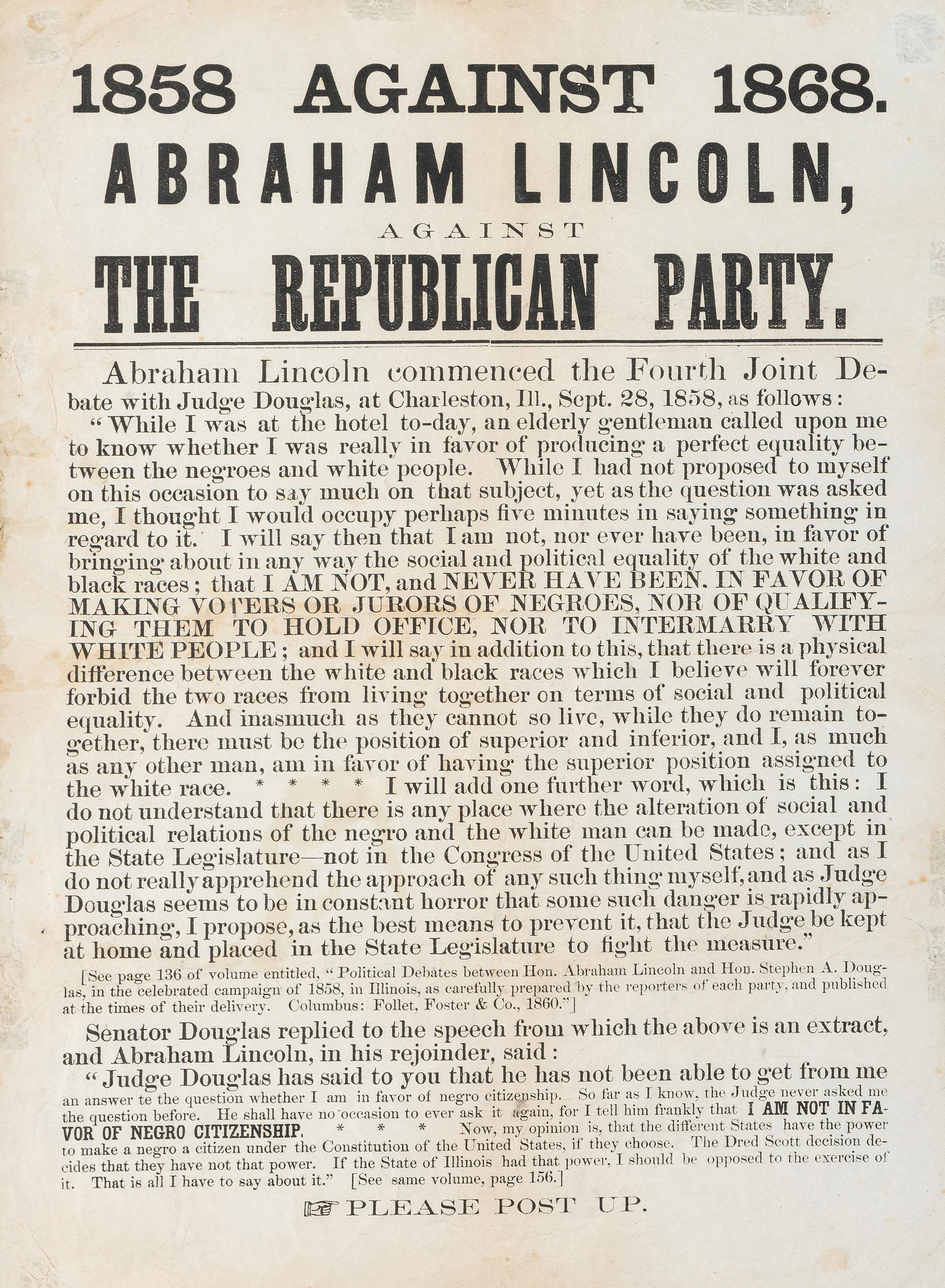 [POLITICS] -- [14TH AMENDMENT]. 1858 1868. Against Abraham Lincoln, Against the Republican Party. N.p.: N.p., [1868?].