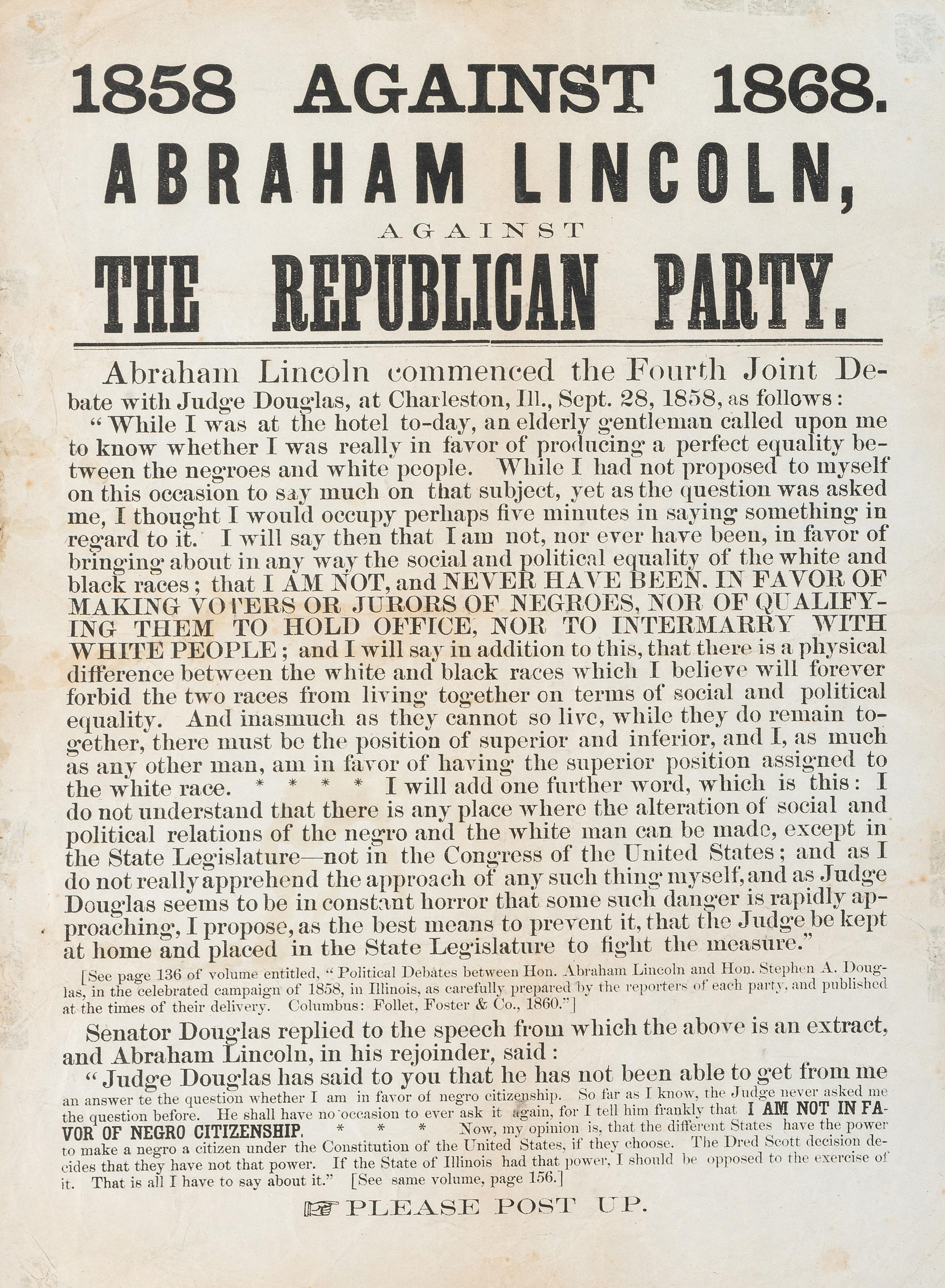 [POLITICS] -- [14TH AMENDMENT]. 1858 1868. Against Abraham Lincoln, Against the Republican Party. N.p.: N.p., [1868?].