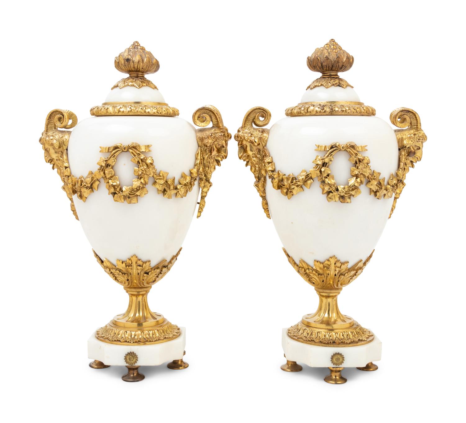 A Pair of French Gilt Bronze and Marble Urns