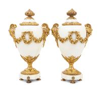 A Pair of French Gilt Bronze and Marble Urns