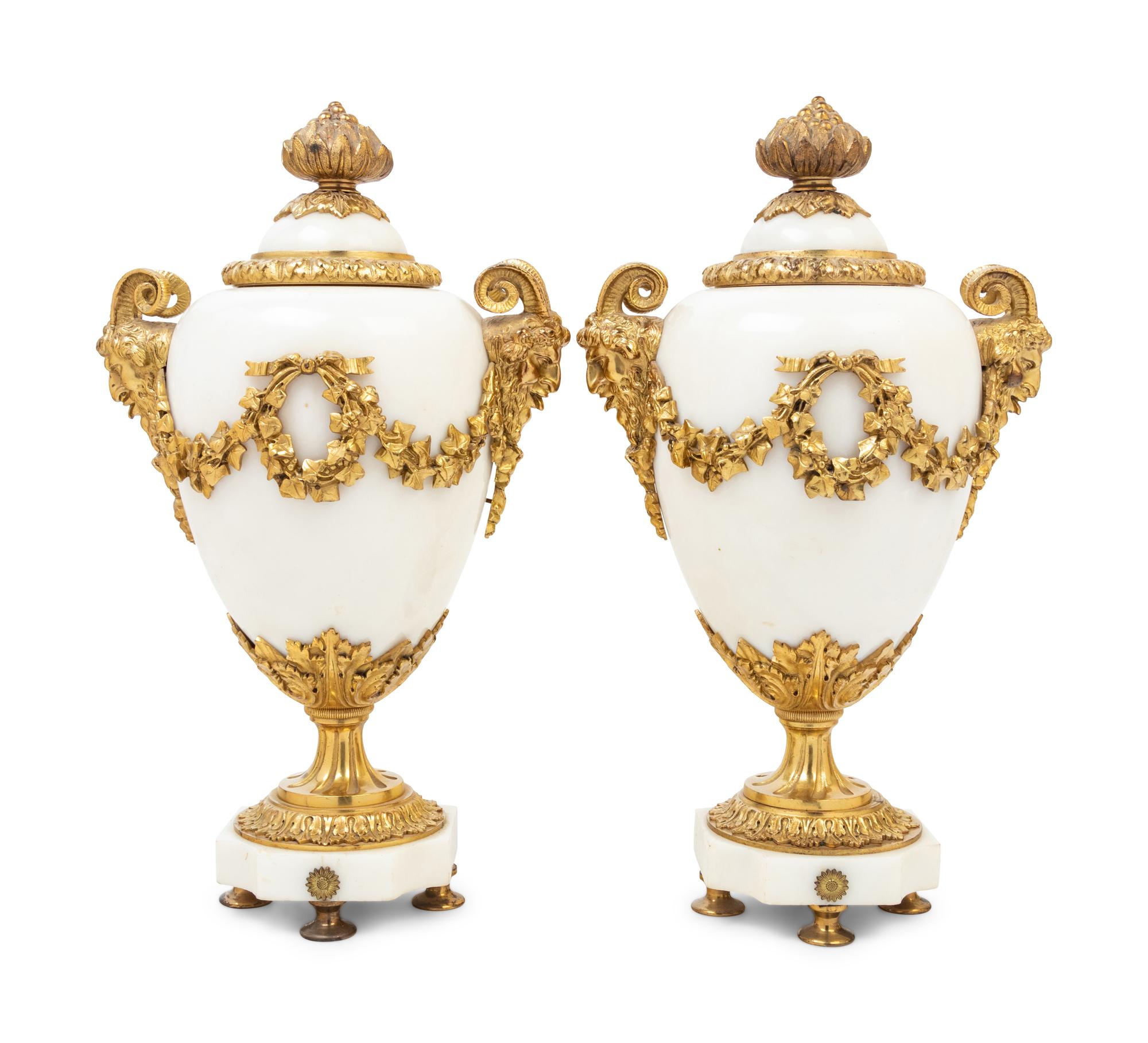 A Pair of French Gilt Bronze and Marble Urns