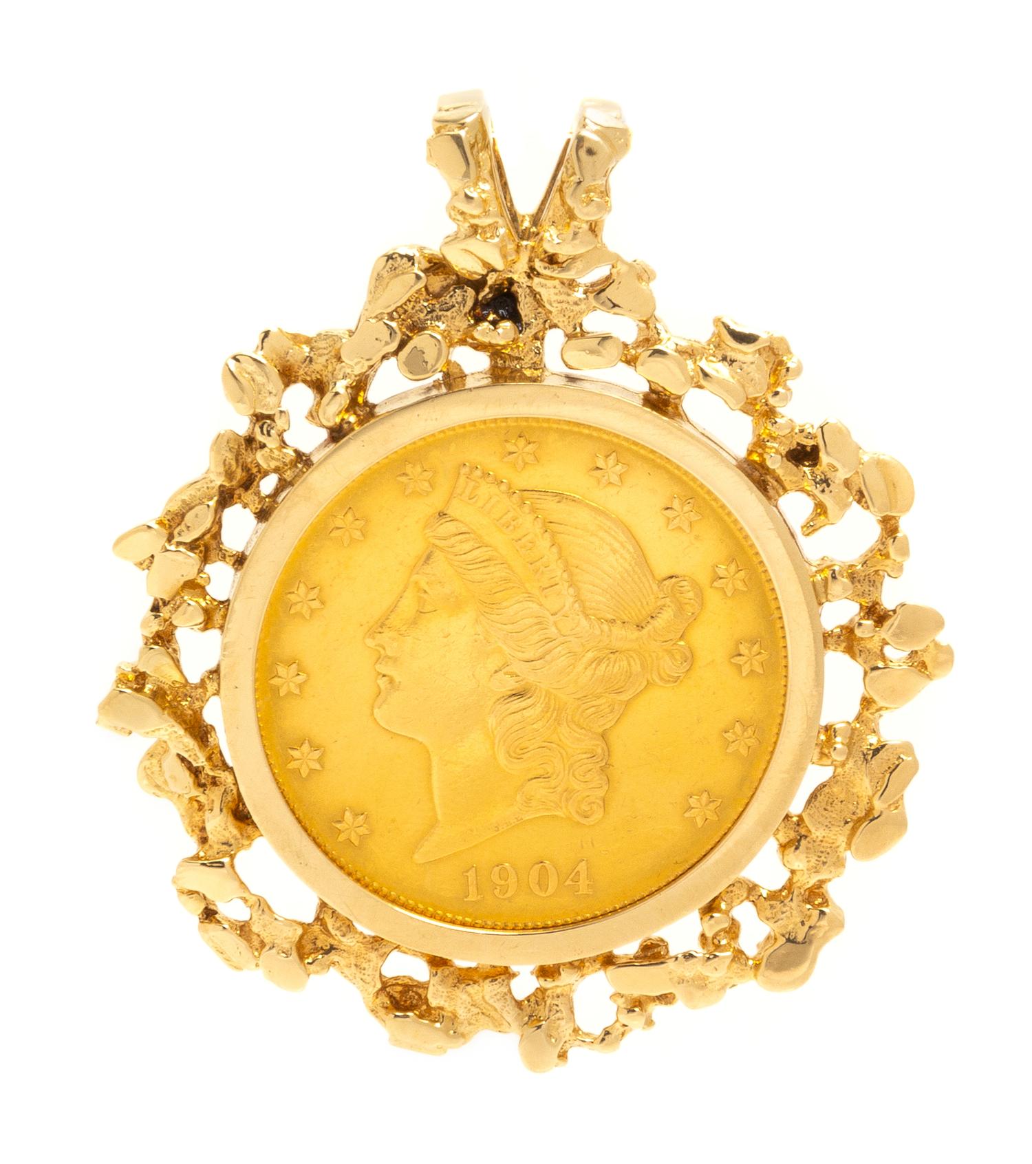 A 14 Karat Yellow Gold and US $20 Liberty Coin Pendant,