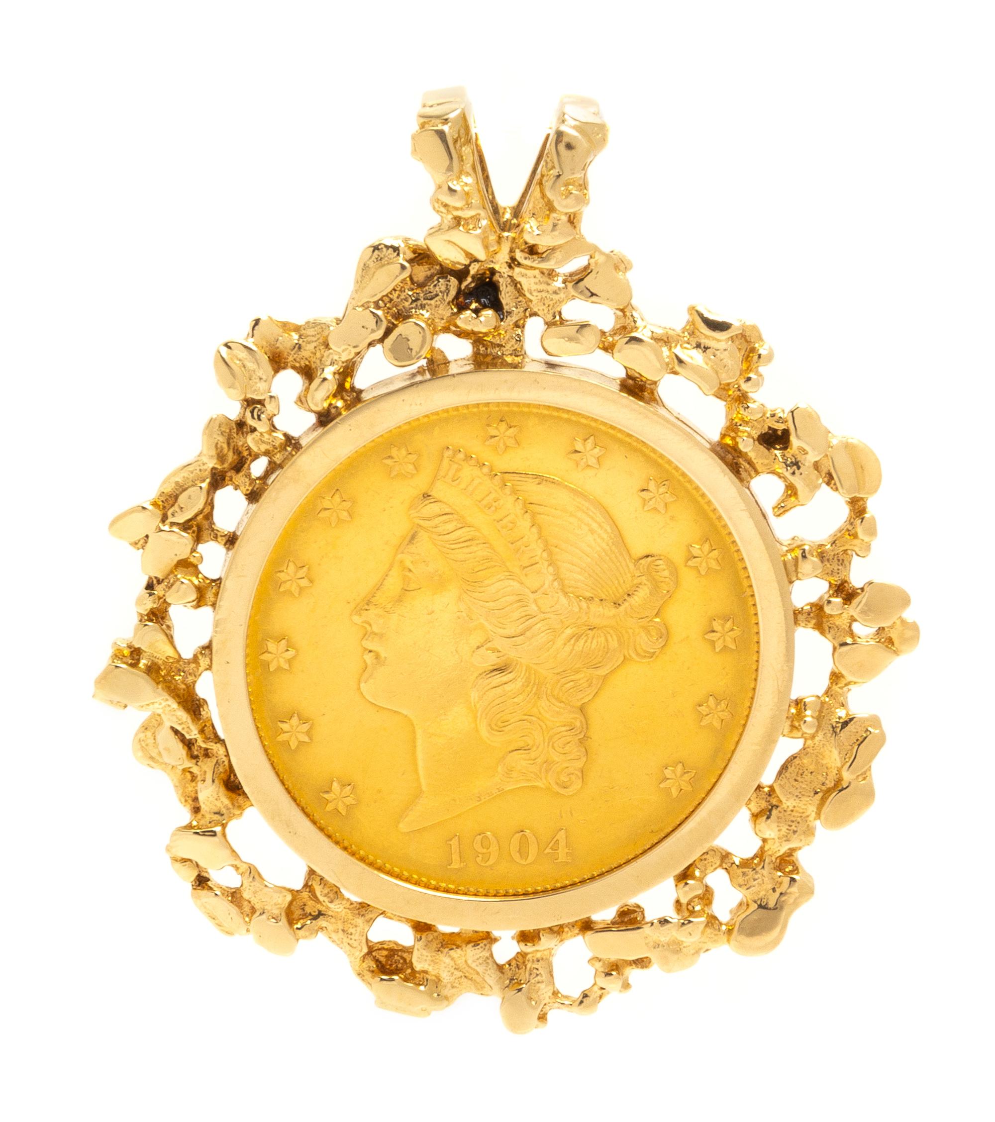 A 14 Karat Yellow Gold and US $20 Liberty Coin Pendant,