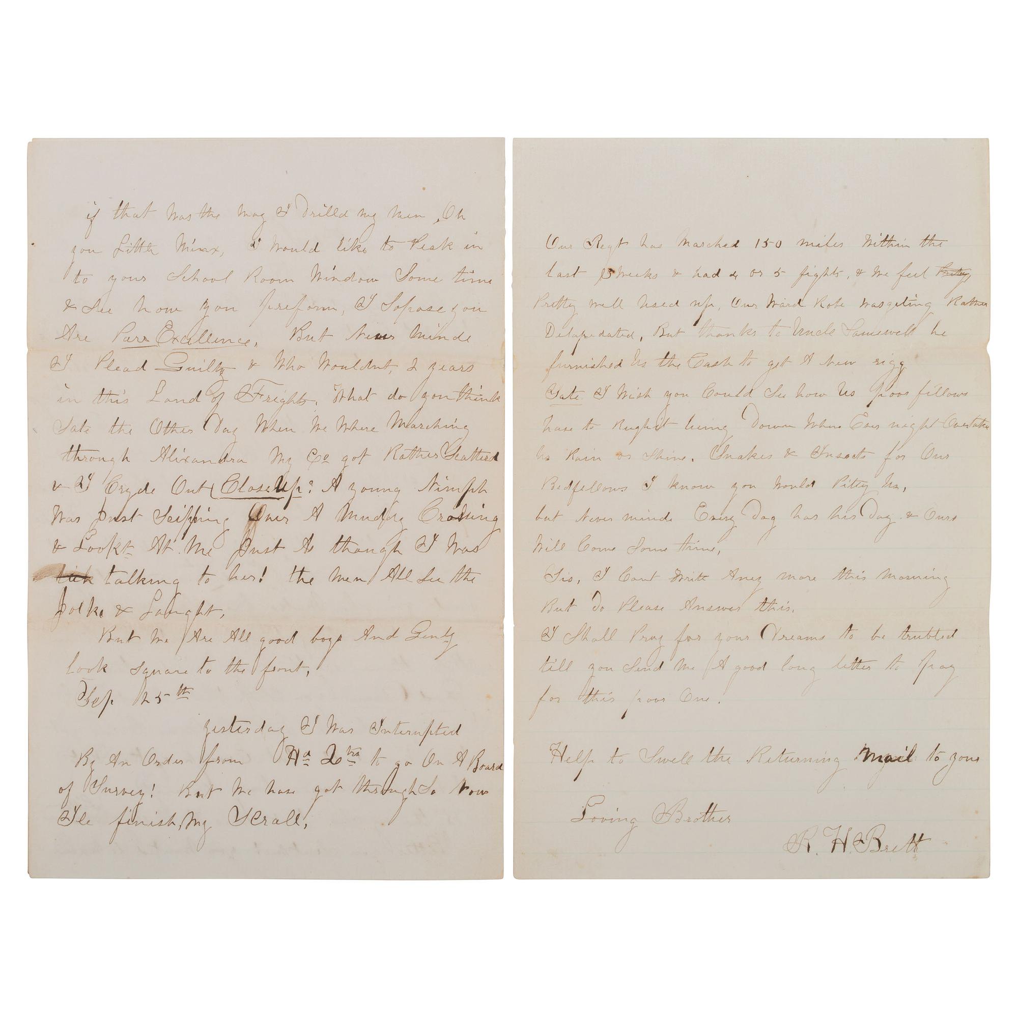 [CIVIL WAR]. 33rd NY Infantry Lieut's letter describing the battle horrors experienced at Antietam. 24 September 1862.