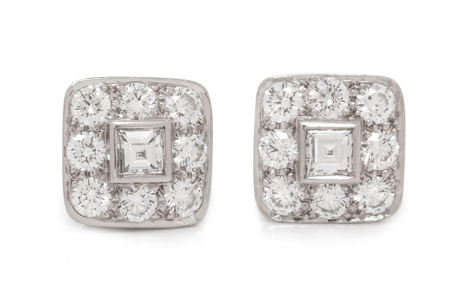 A Pair of Platinum and Diamond Earrings, Tiffany & Co., 3.85 dwts.