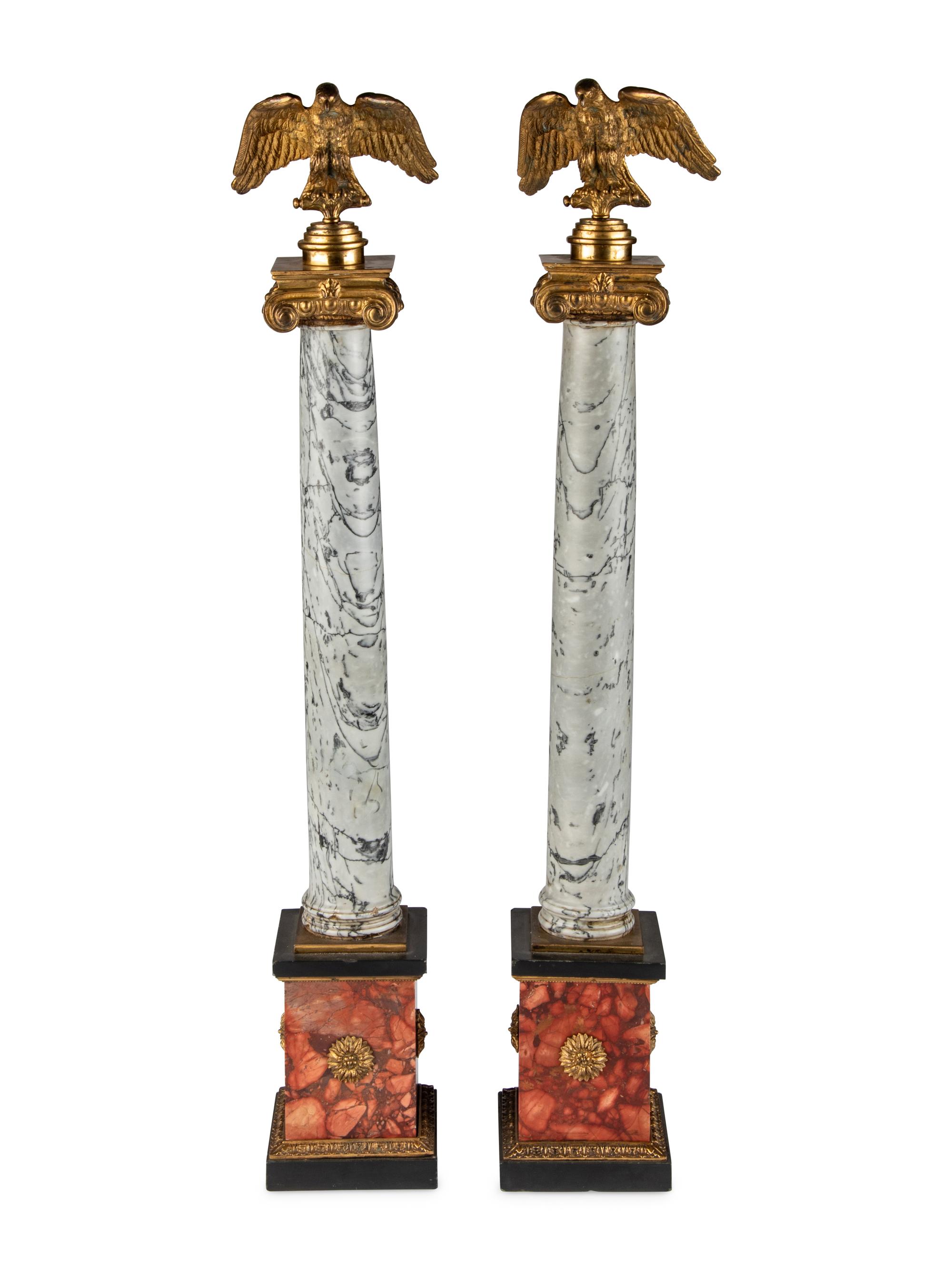 A Pair of Italian Gilt-Bronze Mounted Variegated Grey and Breccia Rosso Marble Columns