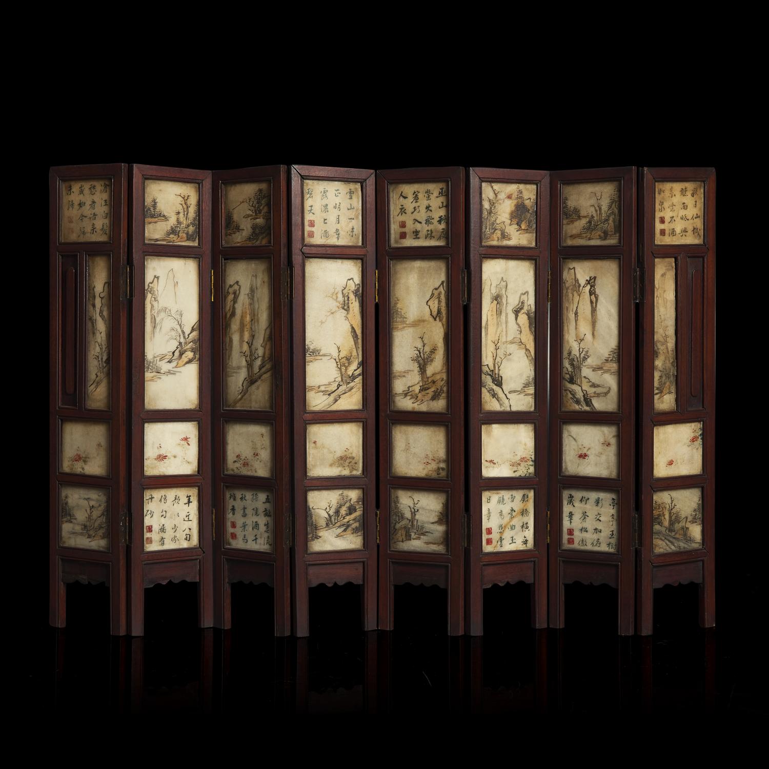 A Chinese Polychromed Marble Inset Wood Eight-Fold Table Screen, Qing Dynasty, 19th Century 清中晚期 五色大理石嵌八開屏風