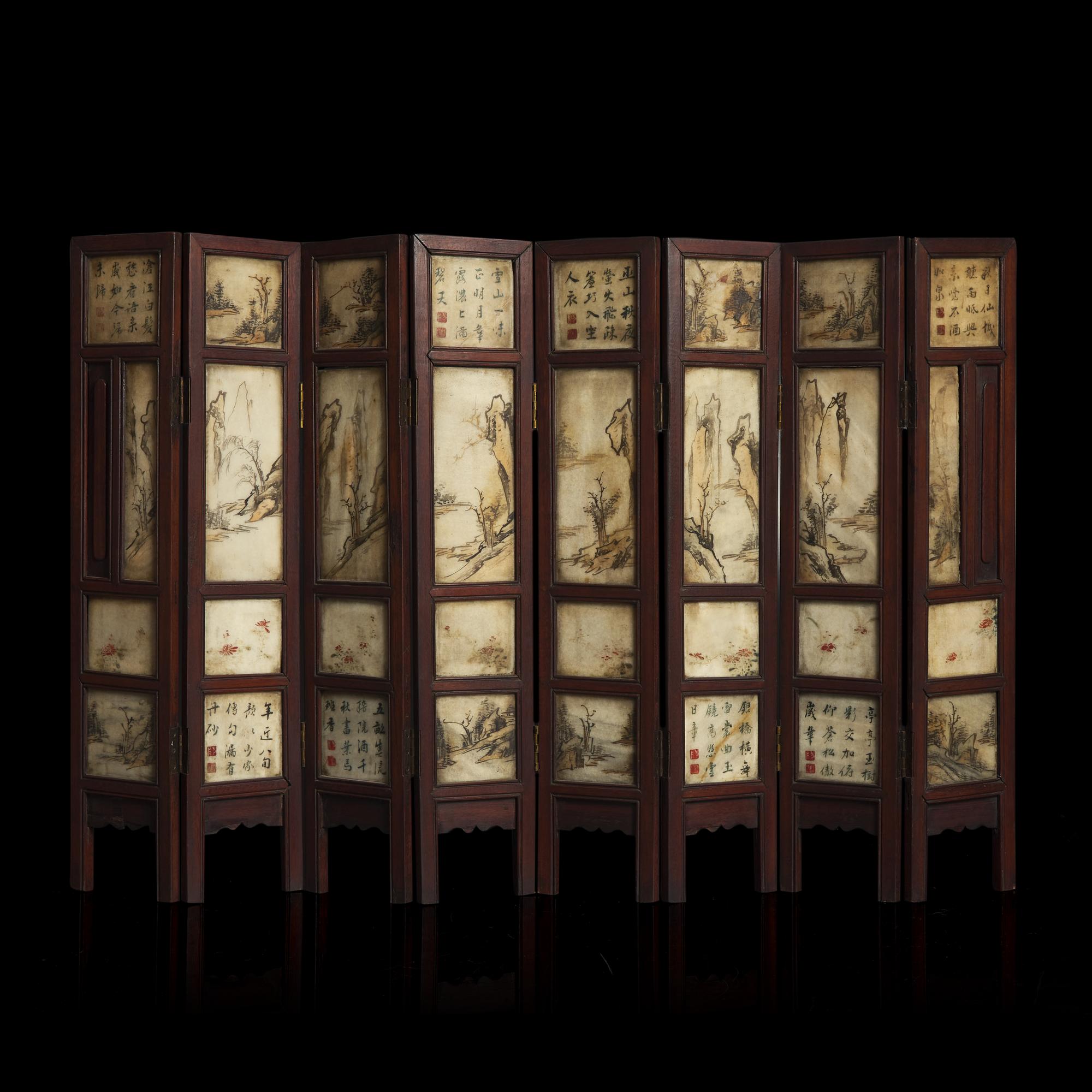 A Chinese Polychromed Marble Inset Wood Eight-Fold Table Screen, Qing Dynasty, 19th Century 清中晚期 五色大理石嵌八開屏風