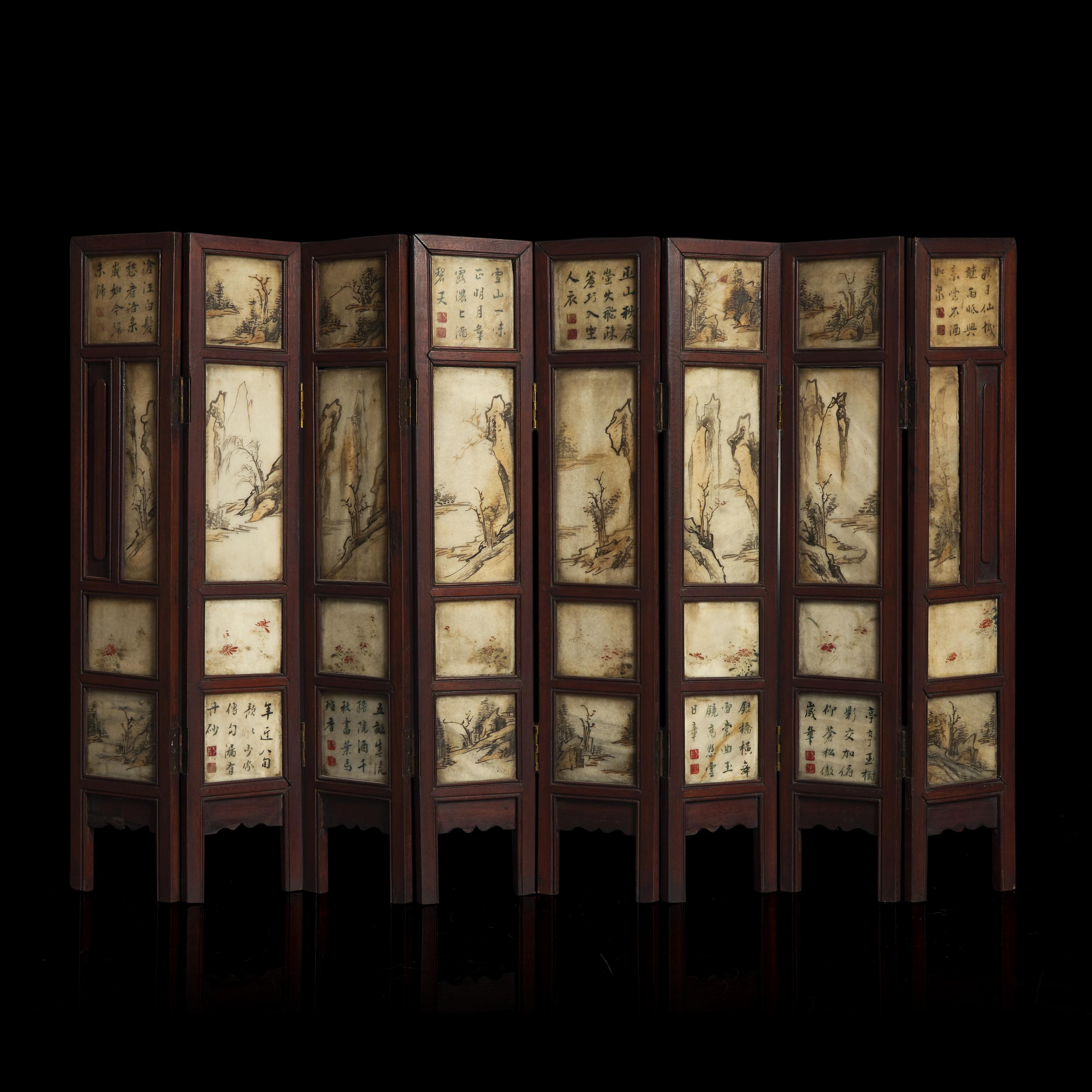 A Chinese Polychromed Marble Inset Wood Eight-Fold Table Screen, Qing Dynasty, 19th Century 清中晚期 五色大理石嵌八開屏風