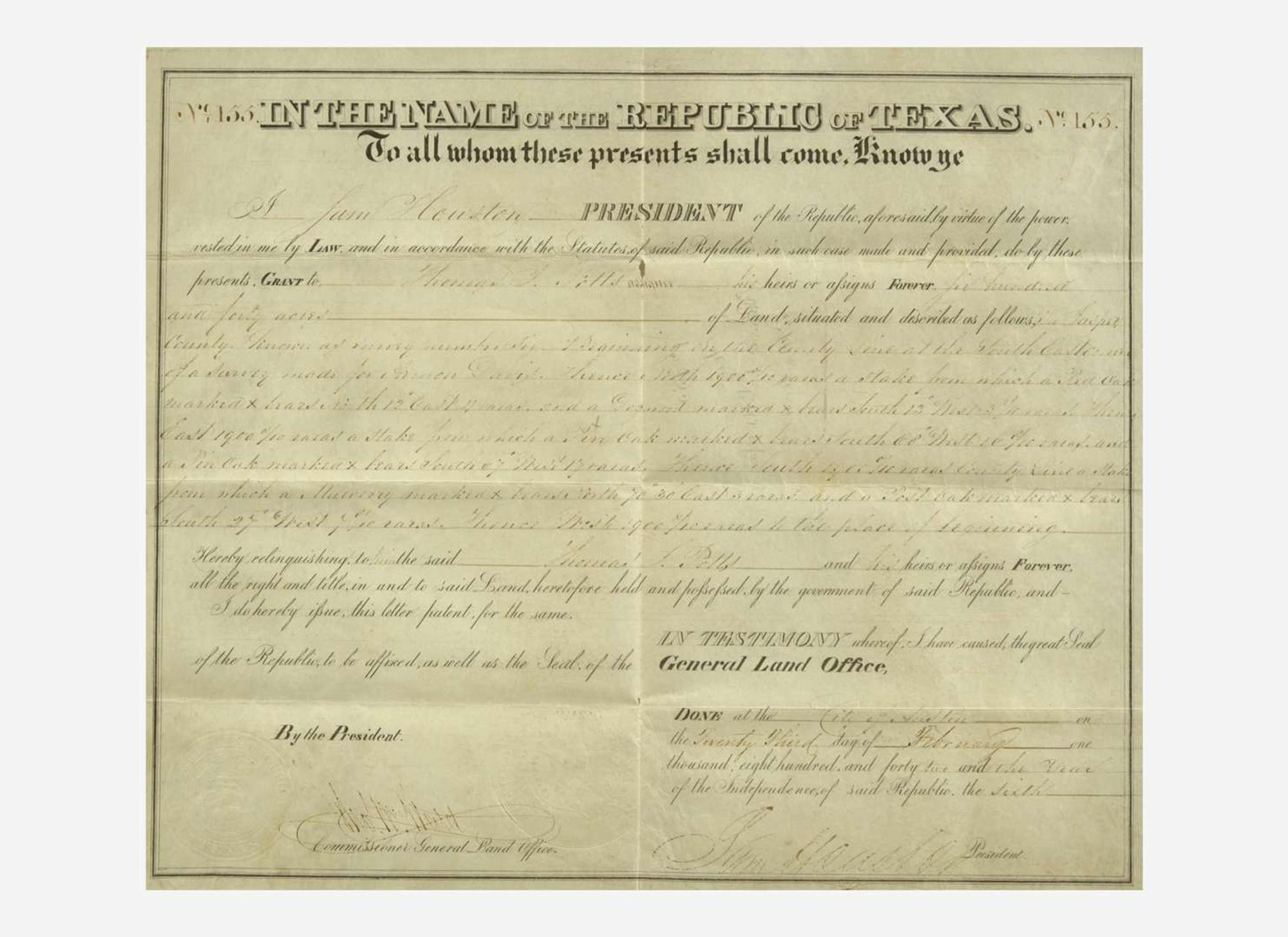 [Americana] [Republic of Texas] Houston, Sam: Partially-Printed Document, signed
