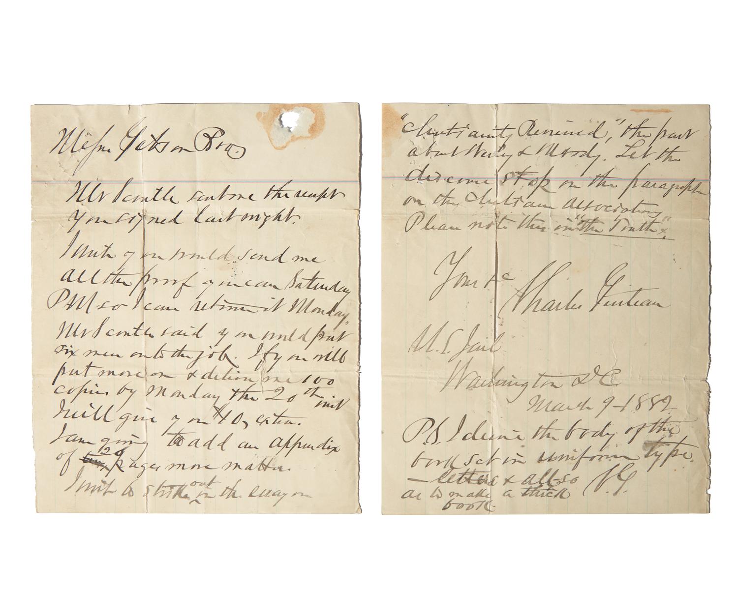 [Americana] [Garfield, James] Guiteau, Charles. Autograph Letter, signed