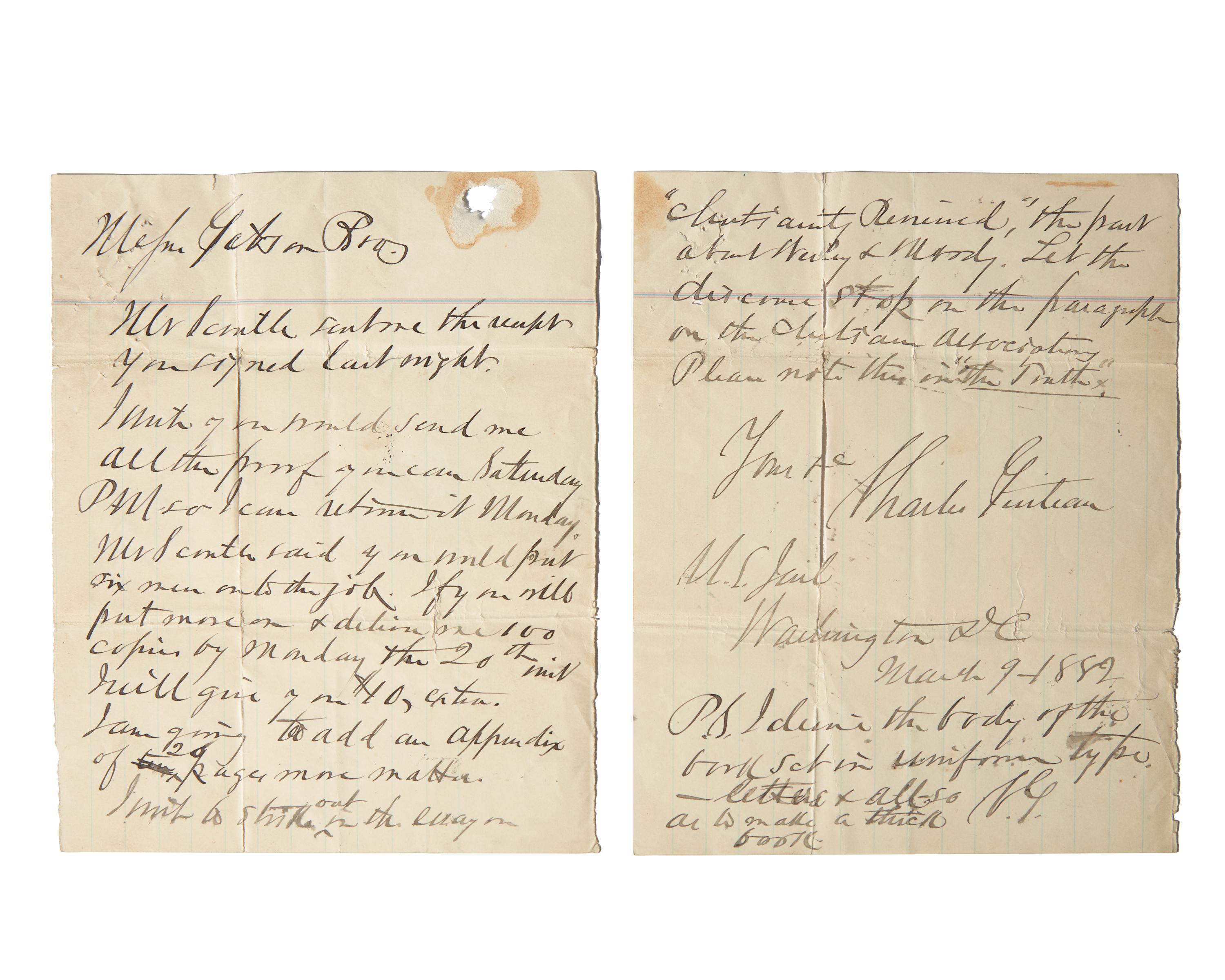 [Americana] [Garfield, James] Guiteau, Charles. Autograph Letter, signed