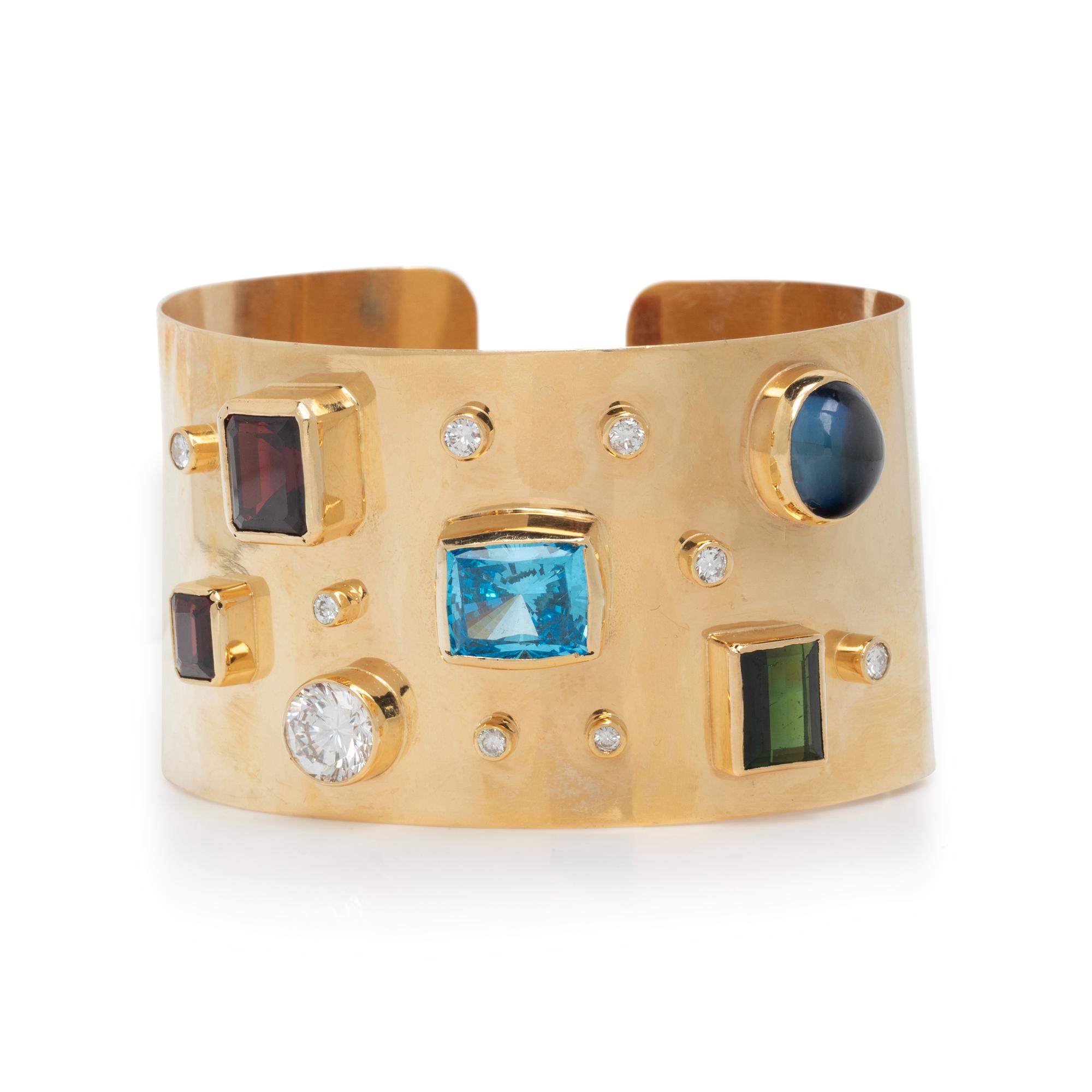 DAVID STERN, YELLOW GOLD AND MULTI GEM CUFF BRACELET