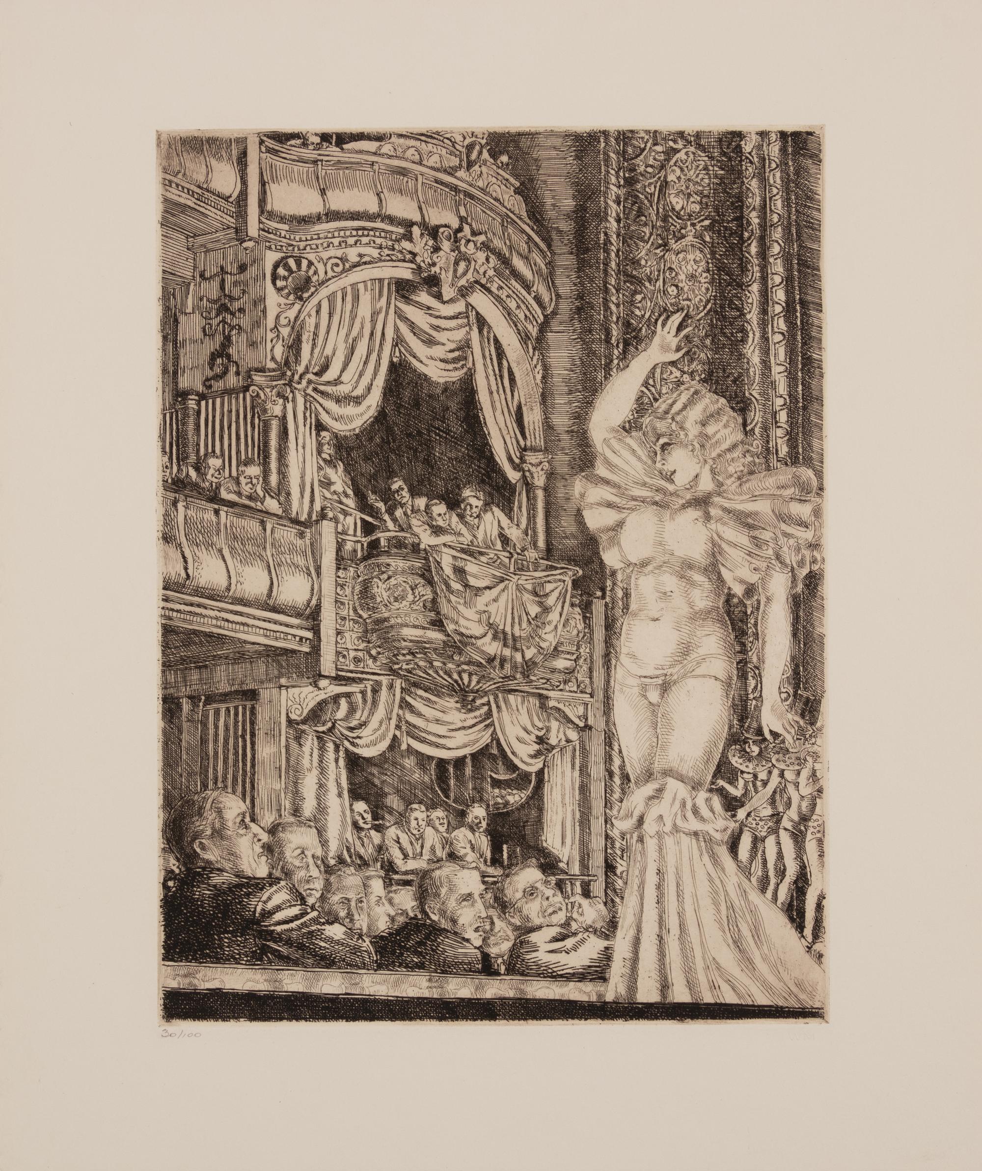 A group of six American prints (Ruth Chaney, Basketball ; Maxim Gottlieb, The Village Thief ; John Gregory, Cortez Street, Boston ; Lawrence Kupferman, Victorian Mansion ; Reginald Marsh, Star Burlesque ; William Sharpe, Ambulance )