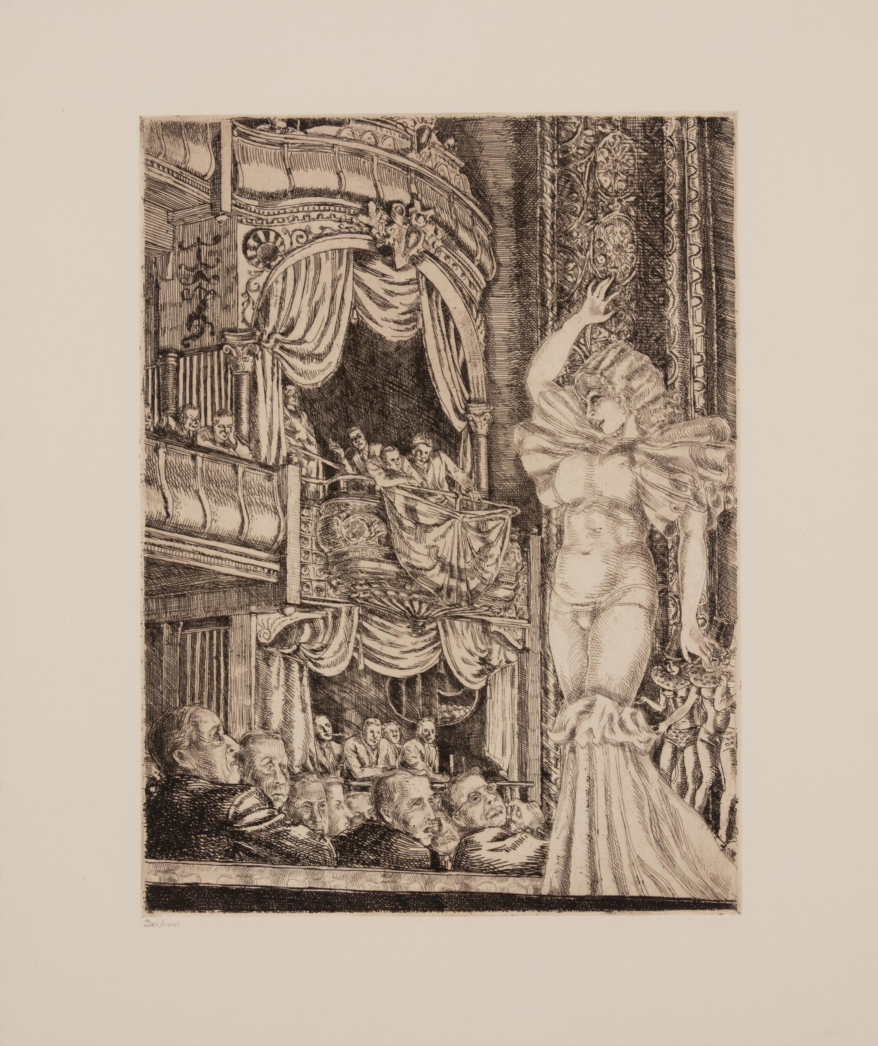 A group of six American prints (Ruth Chaney, Basketball ; Maxim Gottlieb, The Village Thief ; John Gregory, Cortez Street, Boston ; Lawrence Kupferman, Victorian Mansion ; Reginald Marsh, Star Burlesque ; William Sharpe, Ambulance )